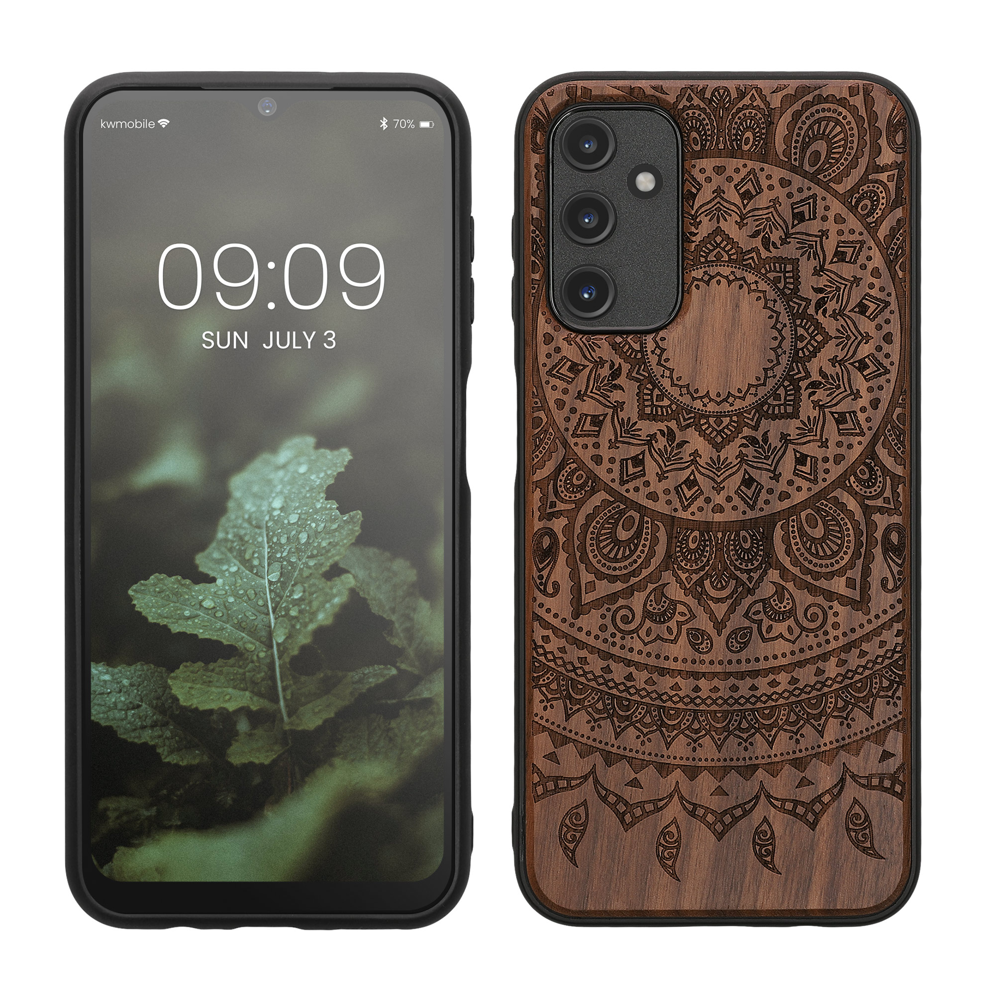Dřevěné pouzdro pro Samsung Galaxy A14 5G kwmobile - tvrdý obal v tmavě hnědé barvě