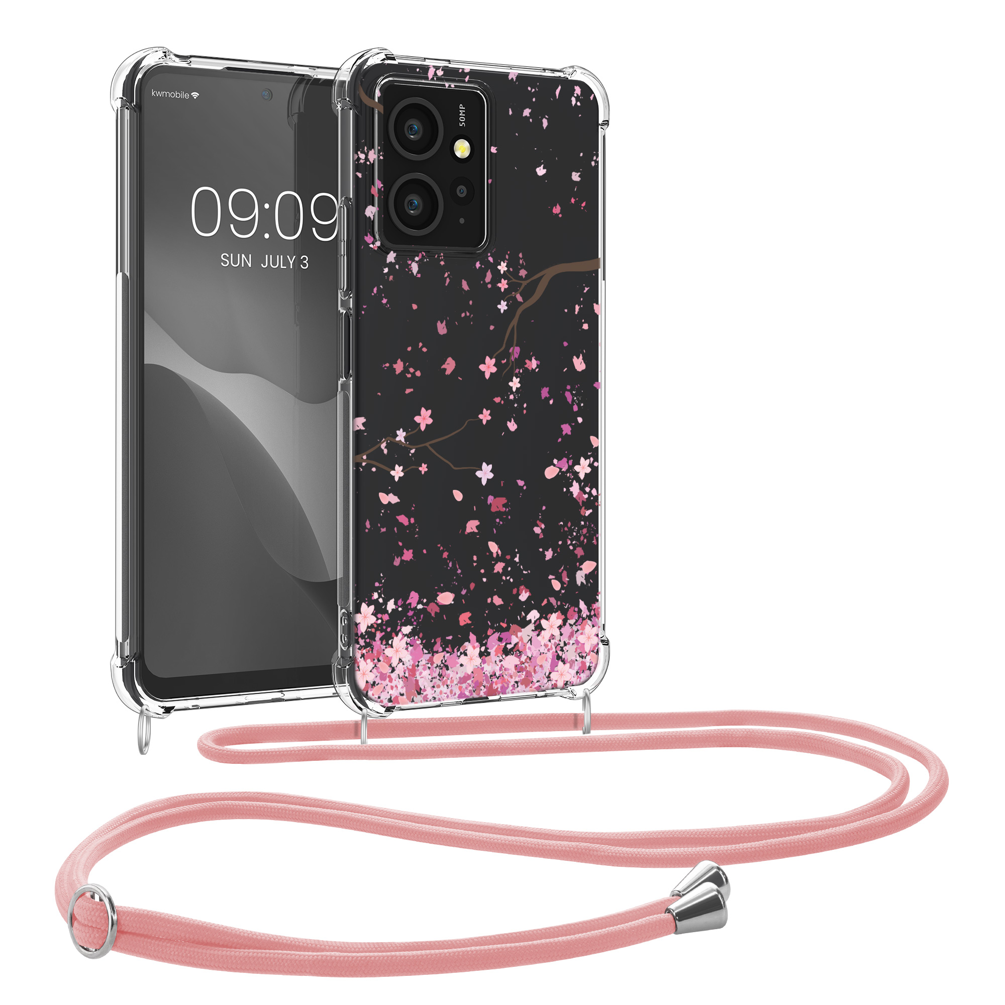 Kryt Xiaomi Redmi Note 12 (4G) crossbody popruh třešňové květy - růžová/tmavě hnědá kwmobile