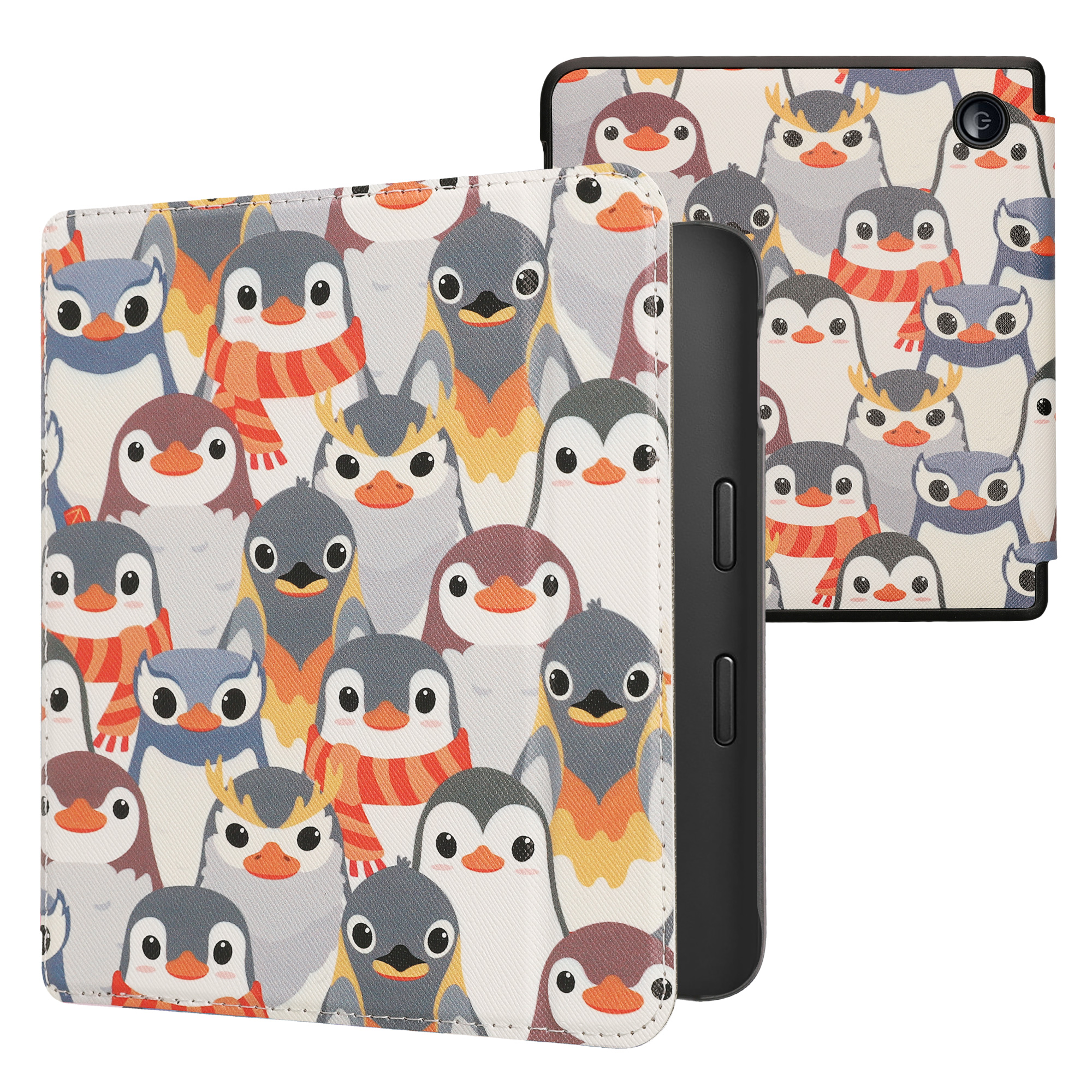 kwmobile pouzdro na čtečku Kobo Libra 2, Penguins with šedá / žlutá / hnědá
