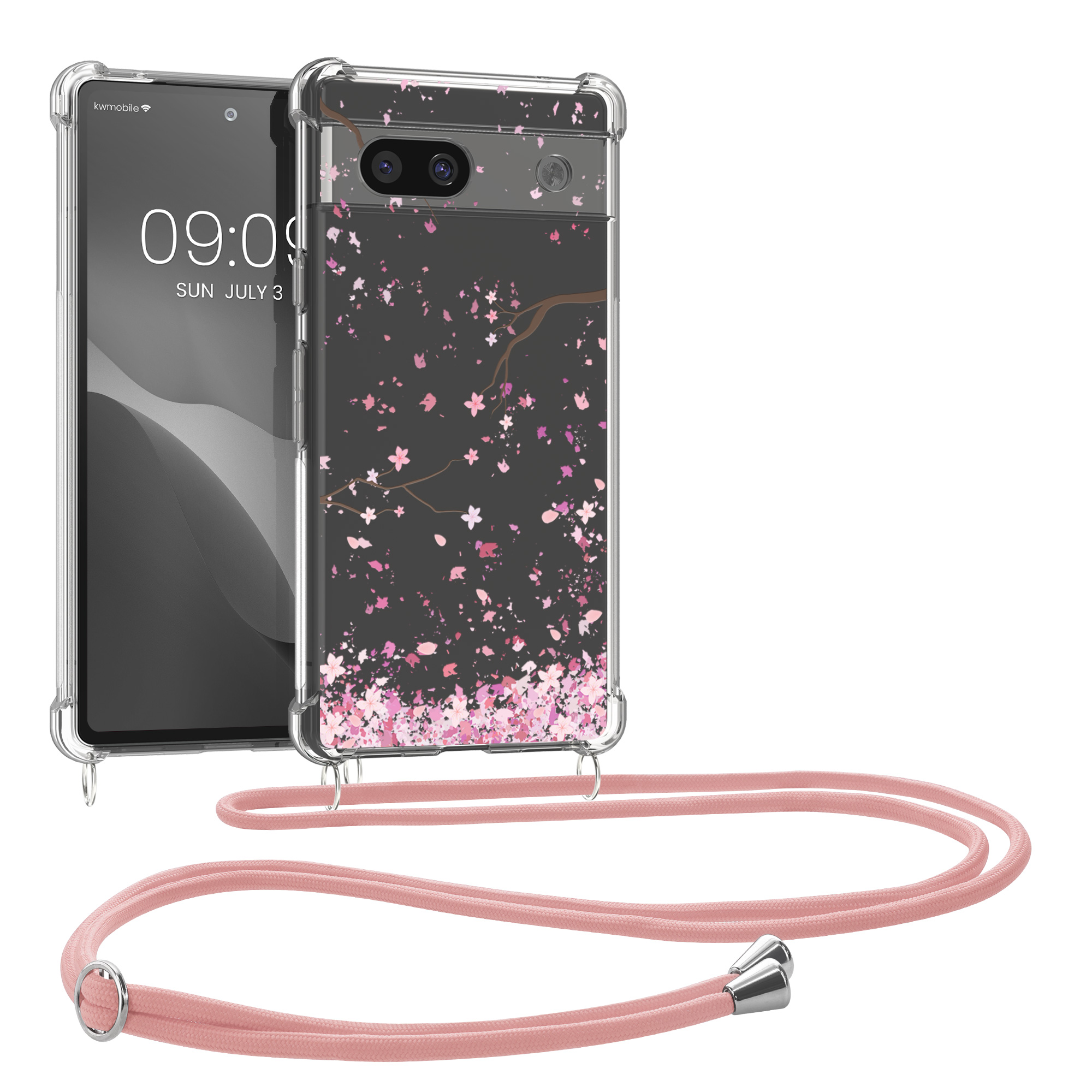 Crossbody kryt kwmobile Google Pixel 7a - Cherry Blossoms Pink / Dark Brown / Transparent