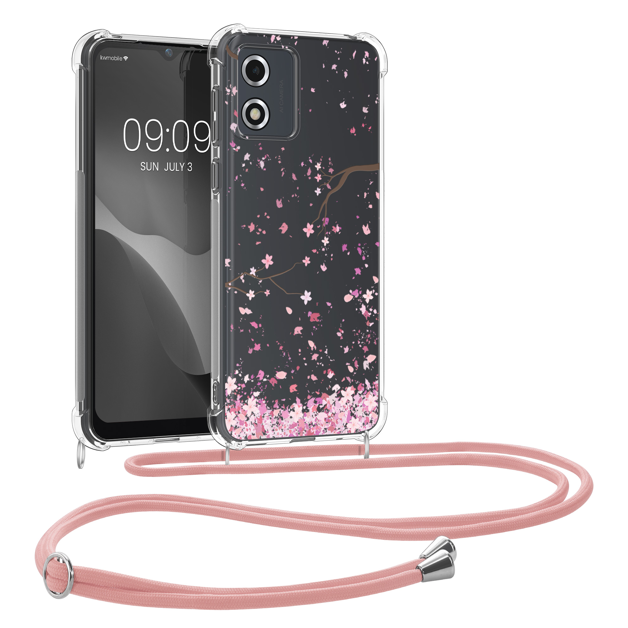 Kryt s popruhem kwmobile pro Motorola Moto E13 - Růžové třešňové květy / tmavě hnědá / transparentní