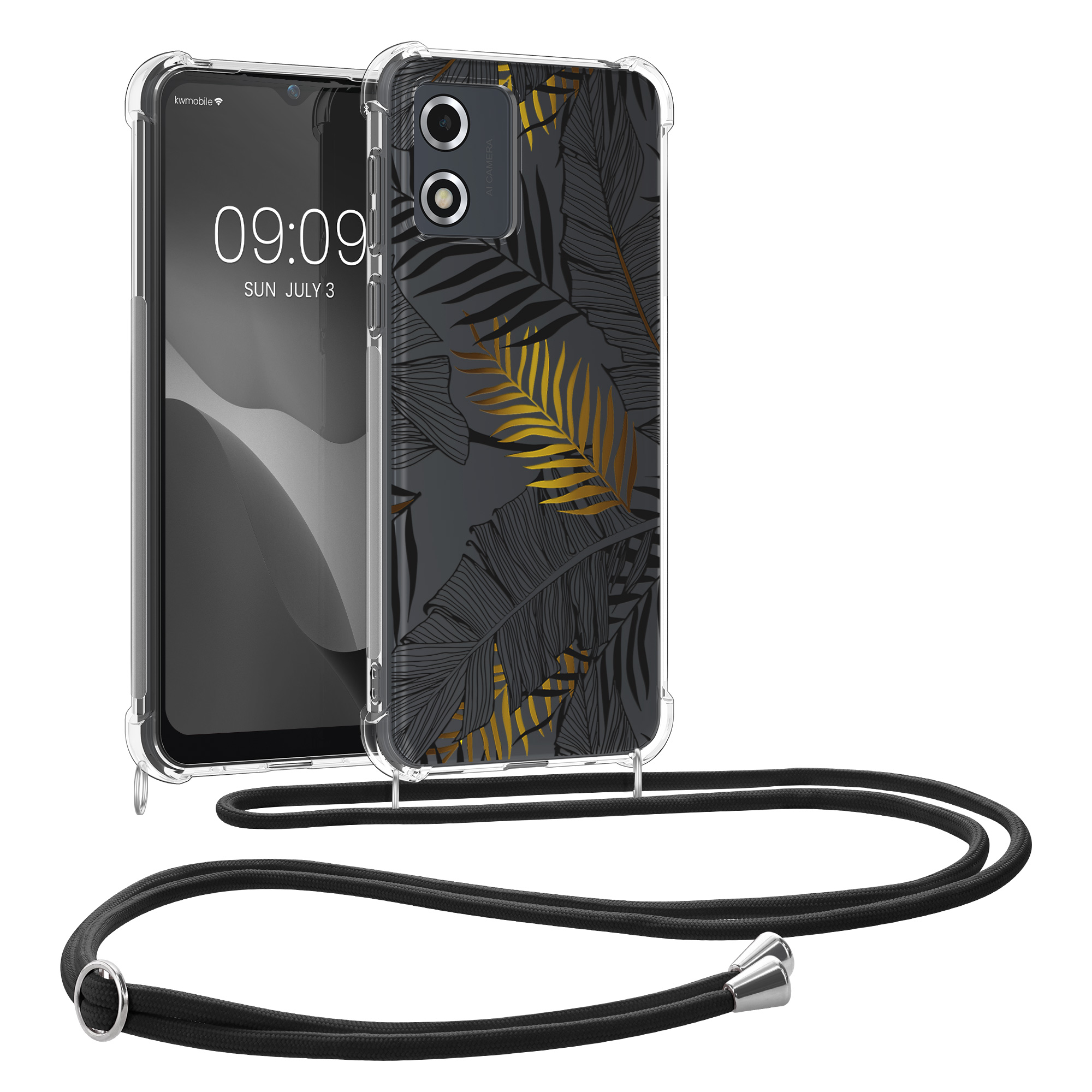 Kryt s popruhem kwmobile pro Motorola Moto E13 - Zlaté palmové listy / šedá / transparentní