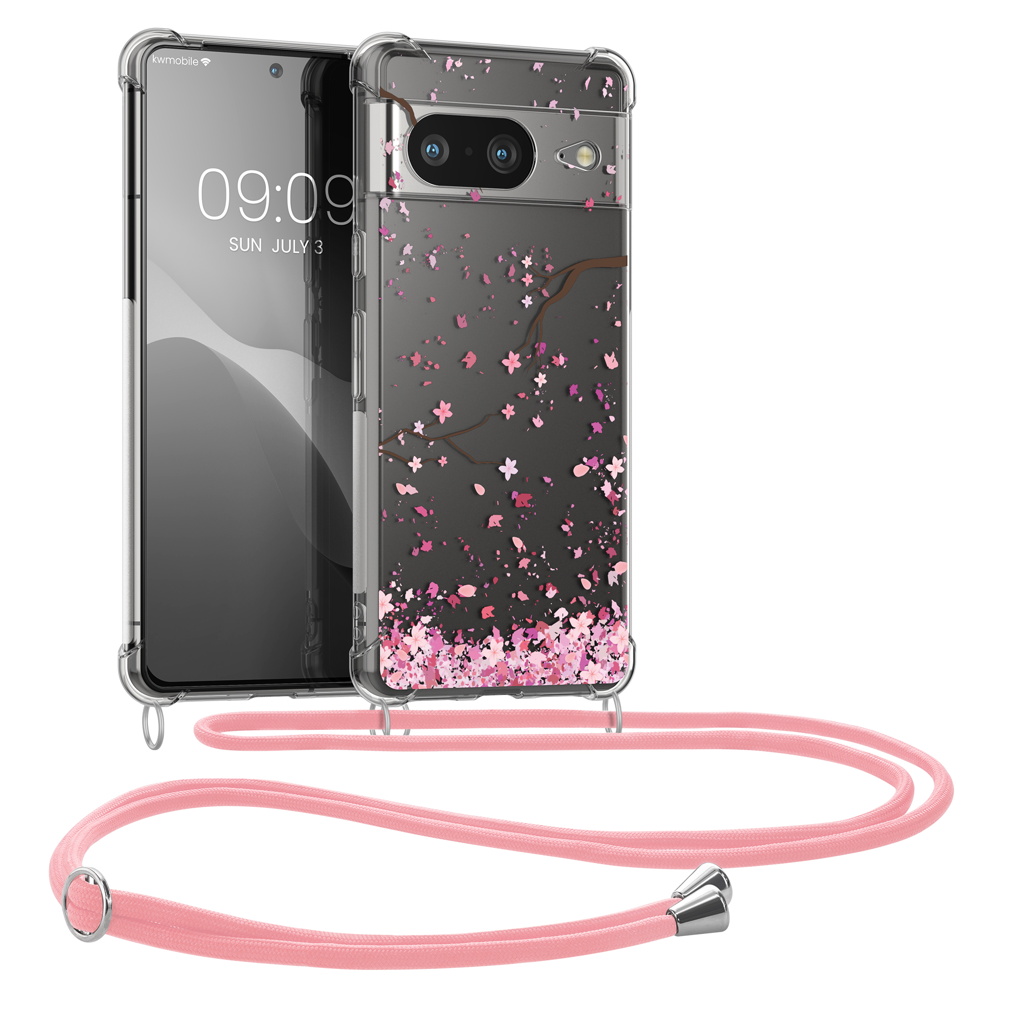 Crossbody kryt kwmobile pro Google Pixel 8 - třešňové květy - růžové / tmavě hnědé / transparentní