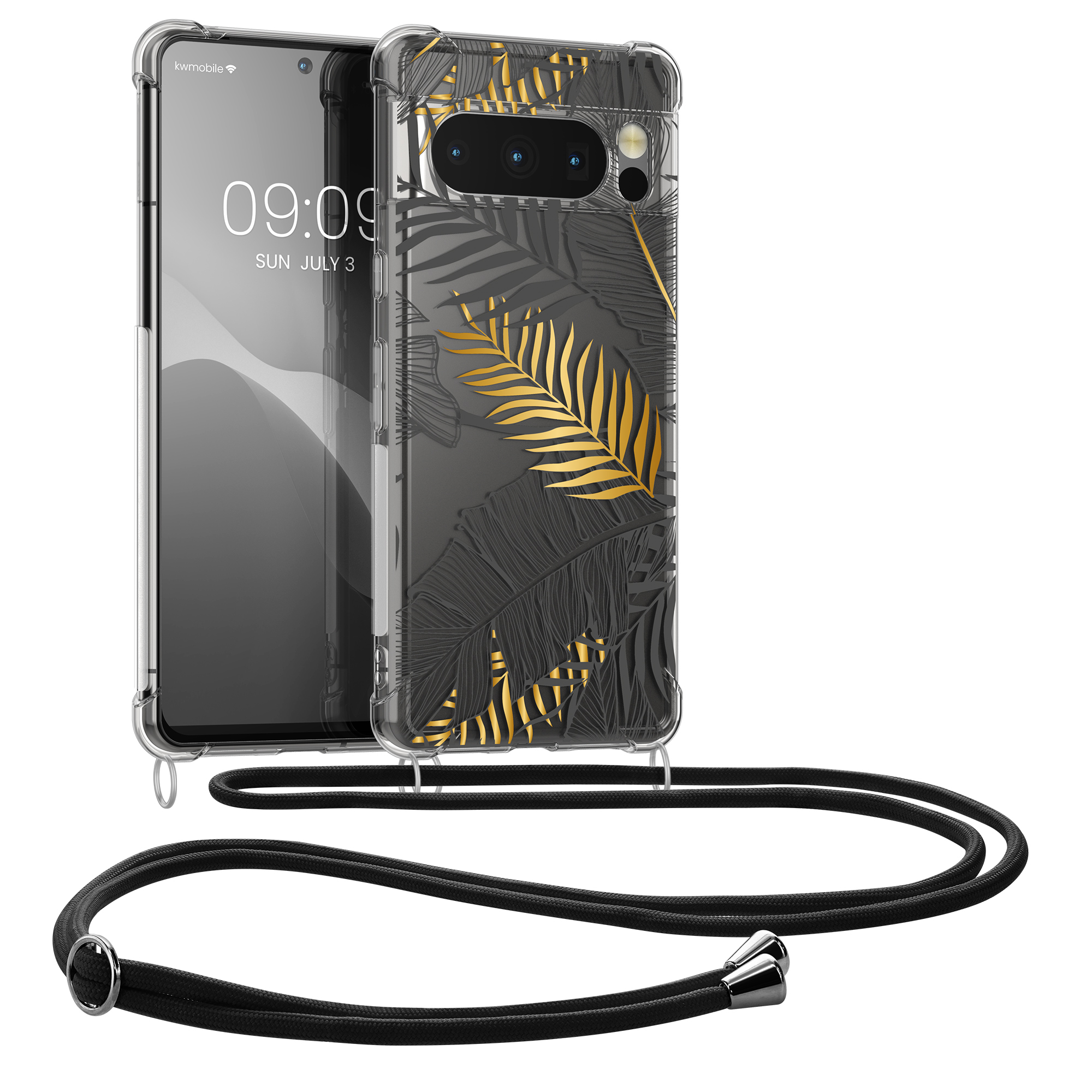 Pouzdro s popruhem (crossbody) pro Google Pixel 8 Pro kwmobile - motiv palmové listy žlutá / šedá / transparentní
