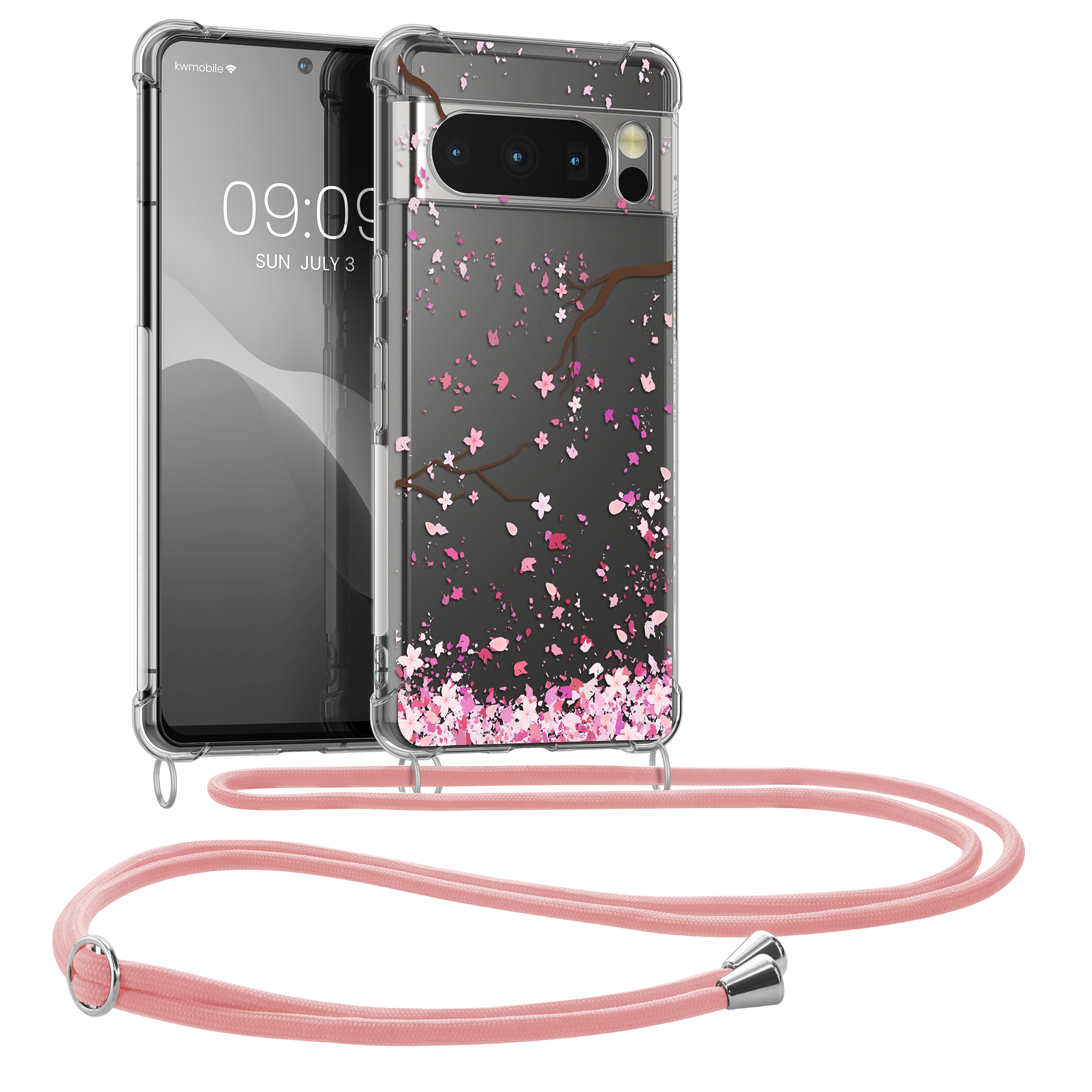 TPU kryt pro Google Pixel 8 Pro se šňůrkou kwmobile ‑ třešňové květy, růžová / tmavě hnědá / čirá