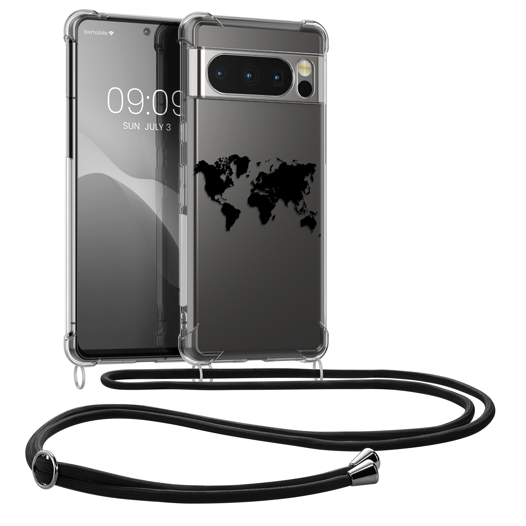 Pouzdro s popruhem (crossbody) pro Google Pixel 8 Pro kwmobile - motiv cestování (obrysy) černá / transparentní
