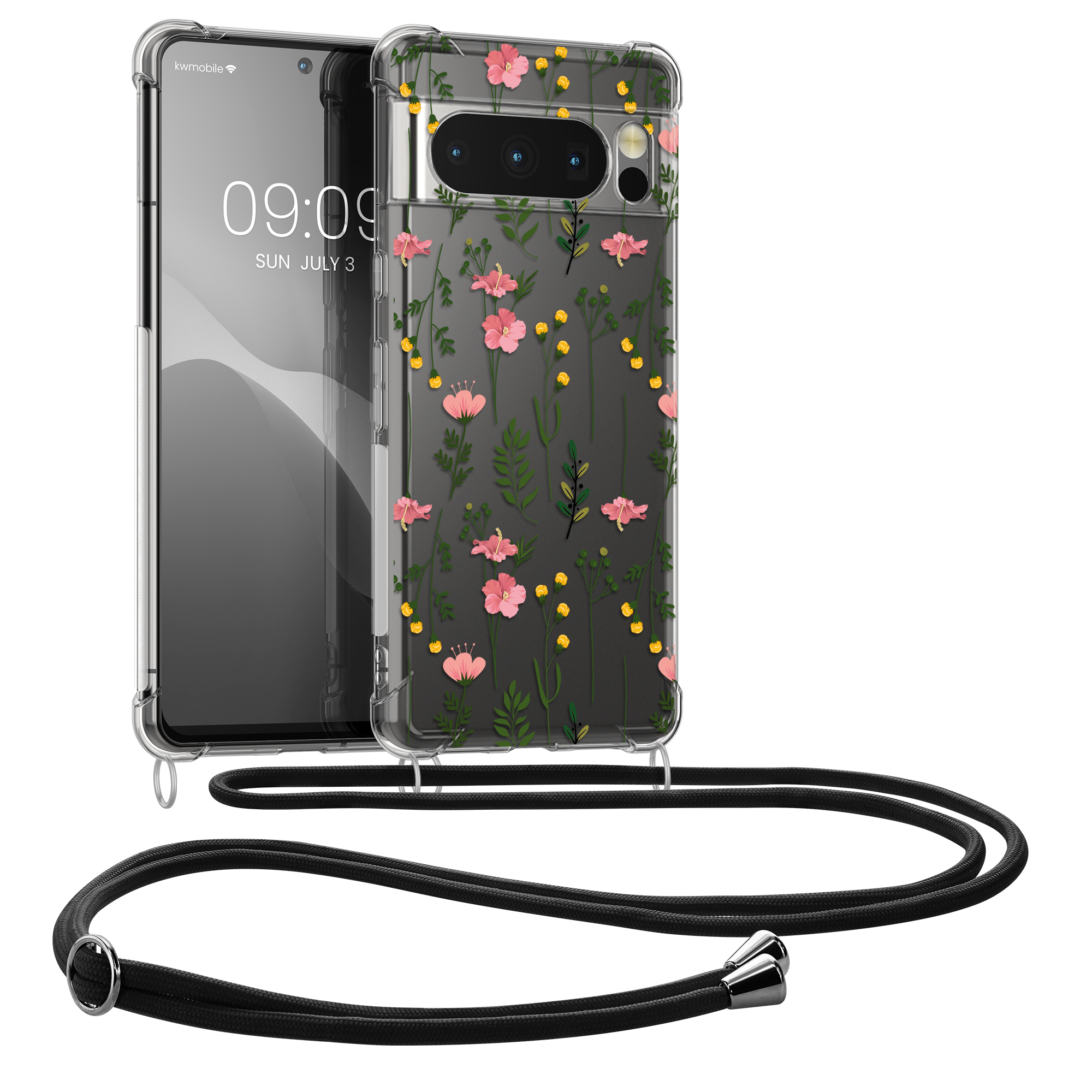 Pouzdro s popruhem (crossbody) pro Google Pixel 8 Pro kwmobile - motiv nenápadné polní květiny růžová / zelená / transparentní