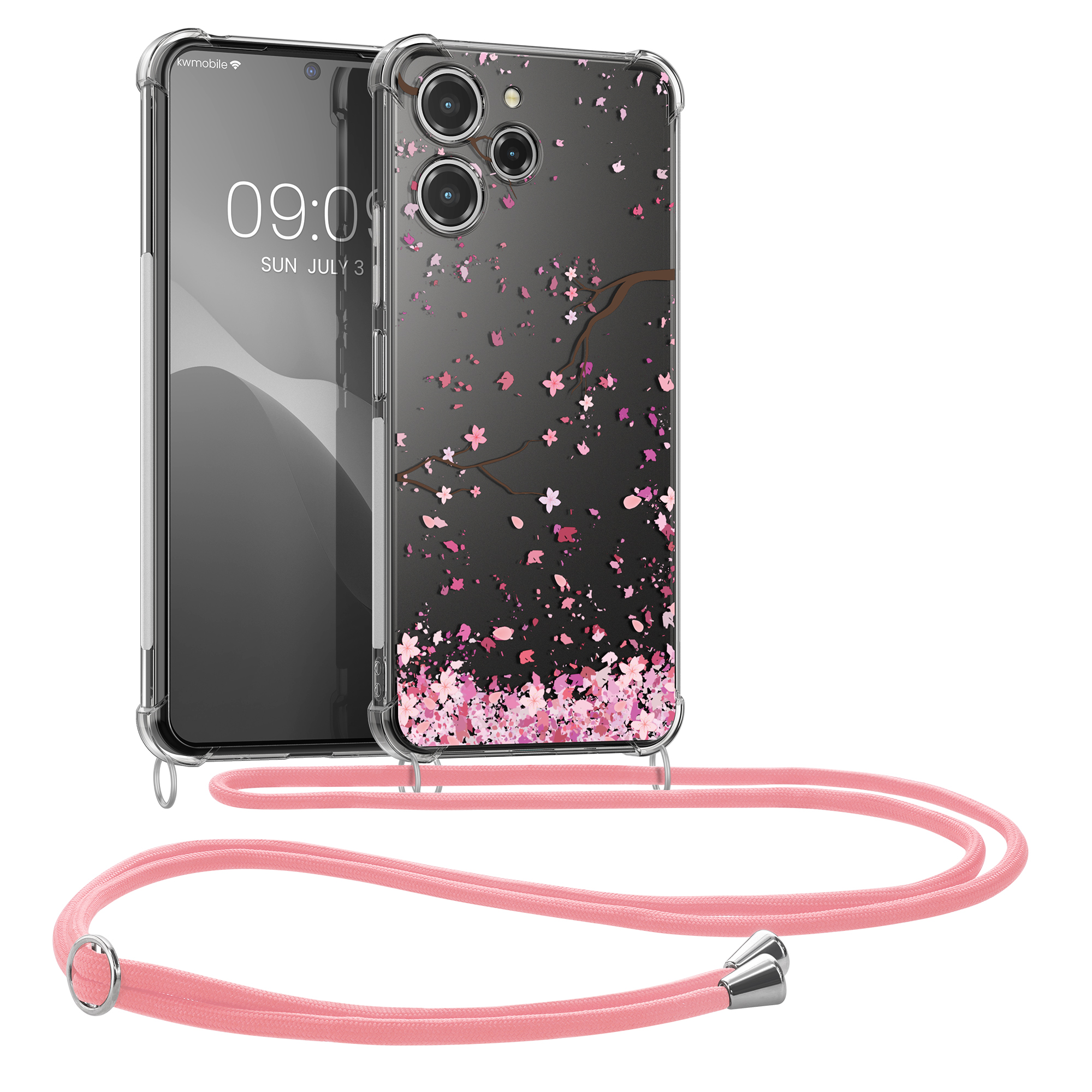 Kryt Xiaomi Redmi 12 crossbody popruh třešňové květy - růžová/tmavě hnědá kwmobile