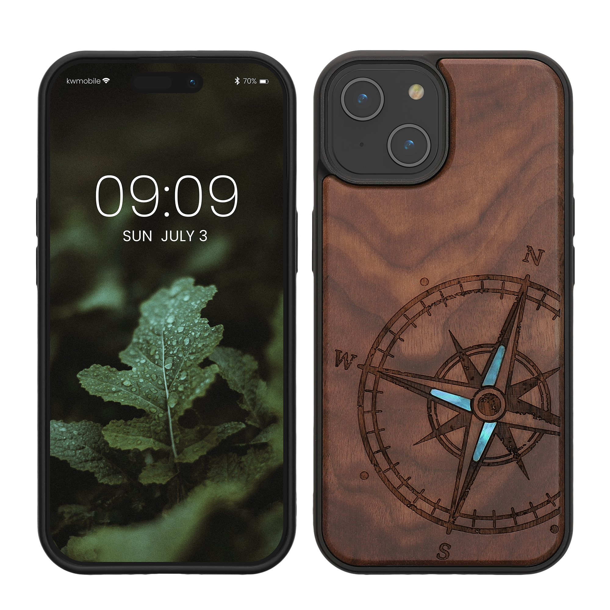 Dřevěné pouzdro pro iPhone 15 kwmobile - motiv kompas perleťová tmavě hnědá