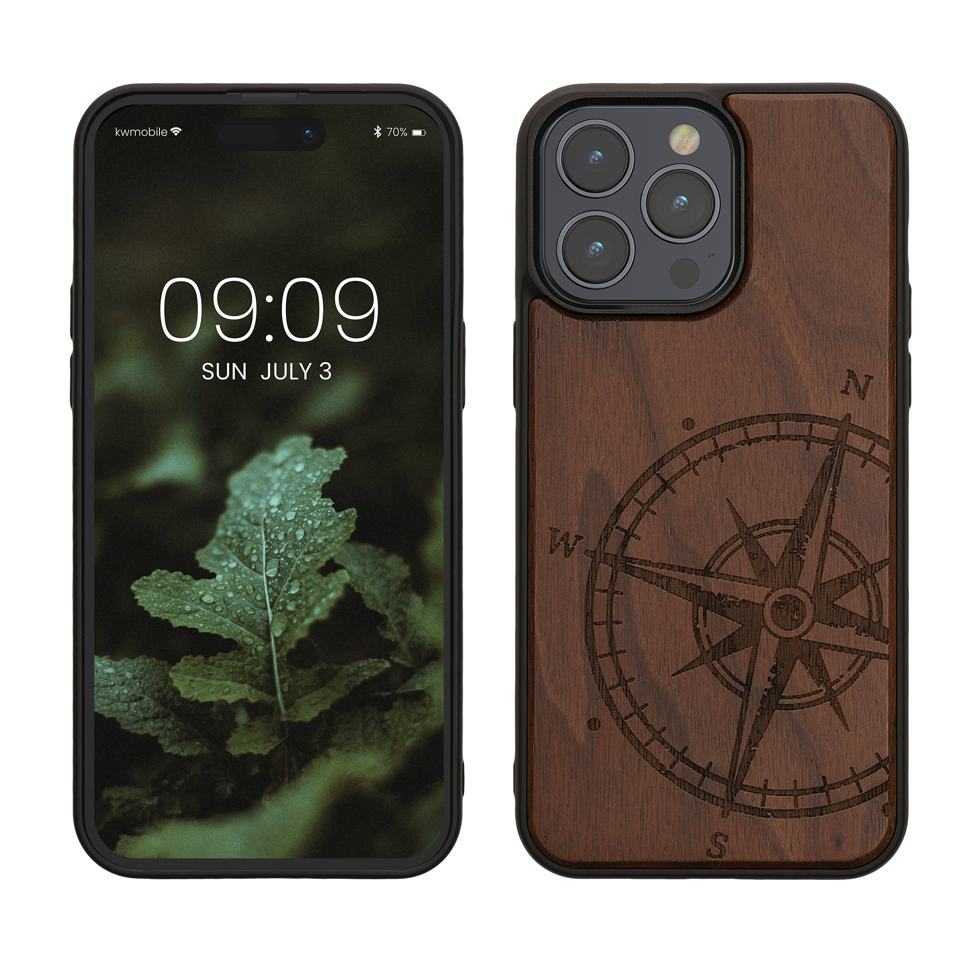 Dřevěné pouzdro pro iPhone 15 Pro Max kwmobile - motiv kompas tmavě hnědá