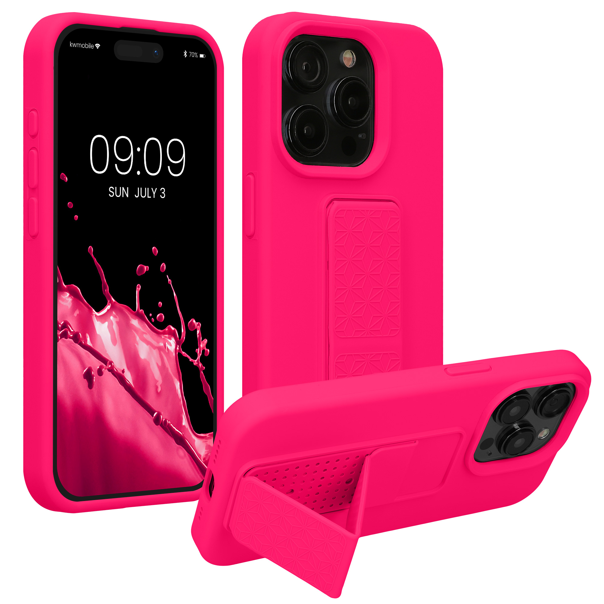 Kryt kwmobile s poutkem se stojánkem iPhone 15 Pro neonově růžová