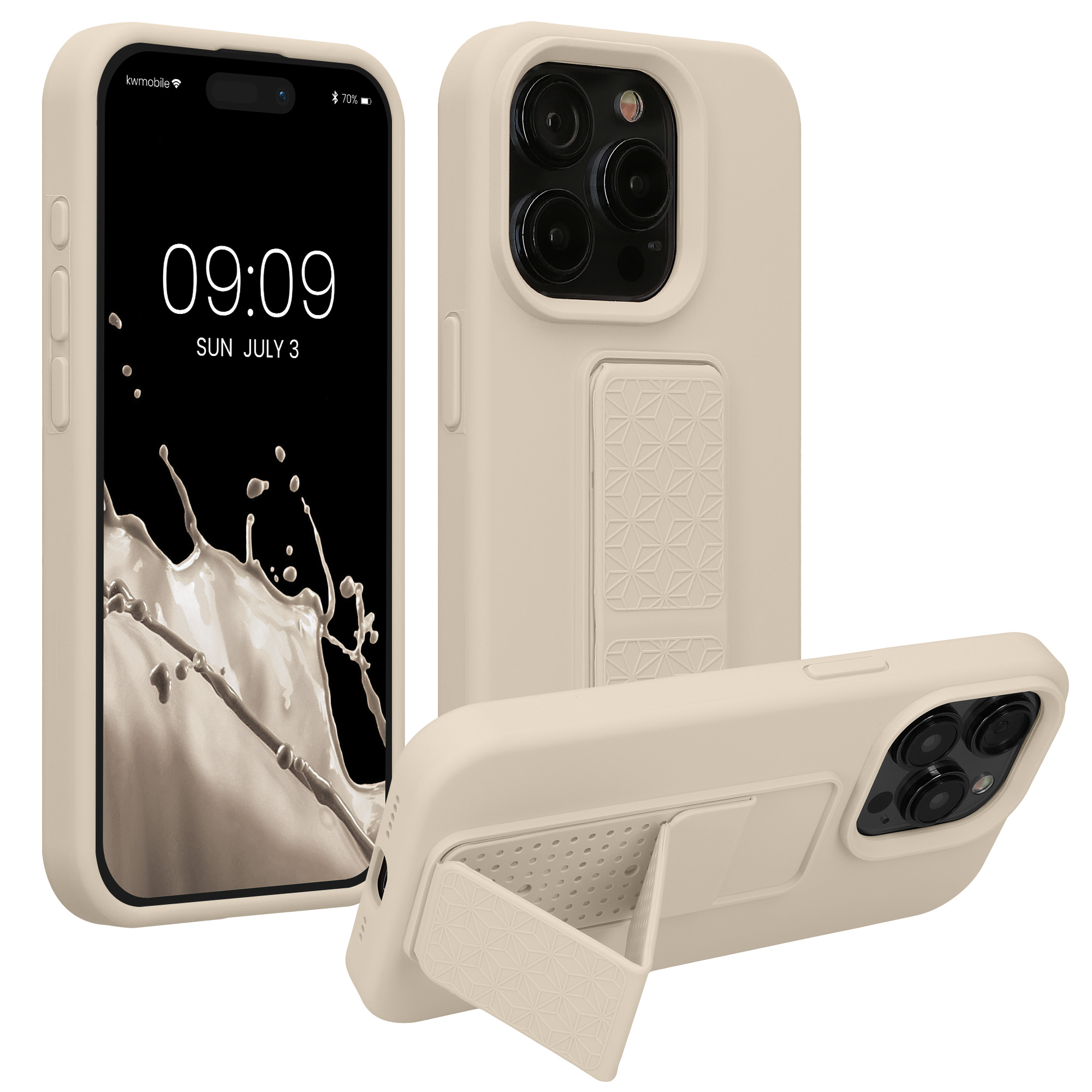 Pouzdro pro Apple iPhone 15 Pro kwmobile se stojánkem s poutkem silikonové - krémová
