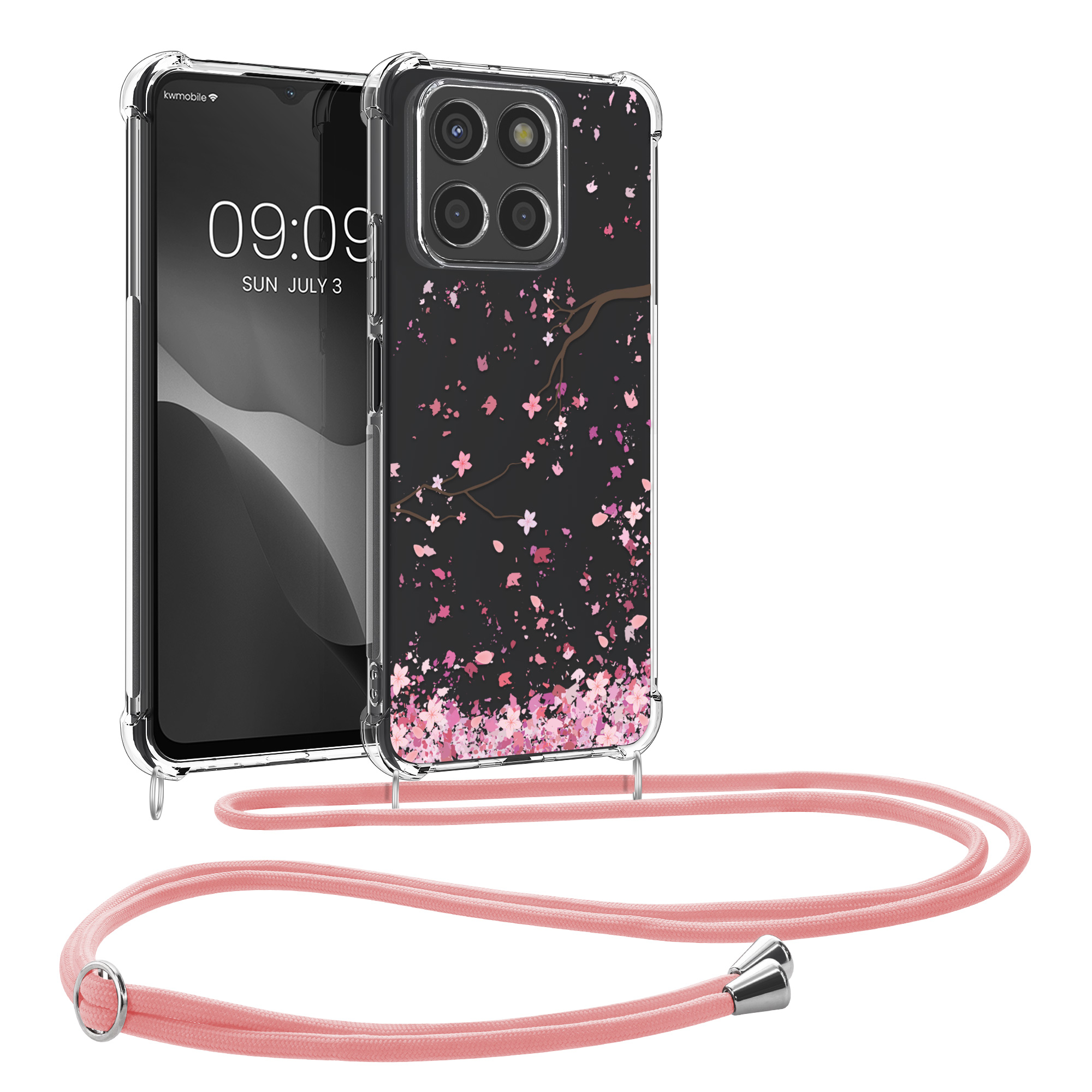 Pouzdro s popruhem (crossbody) pro HONOR X6a kwmobile - růžová (třešňové květy) / tmavě hnědá / transparentní