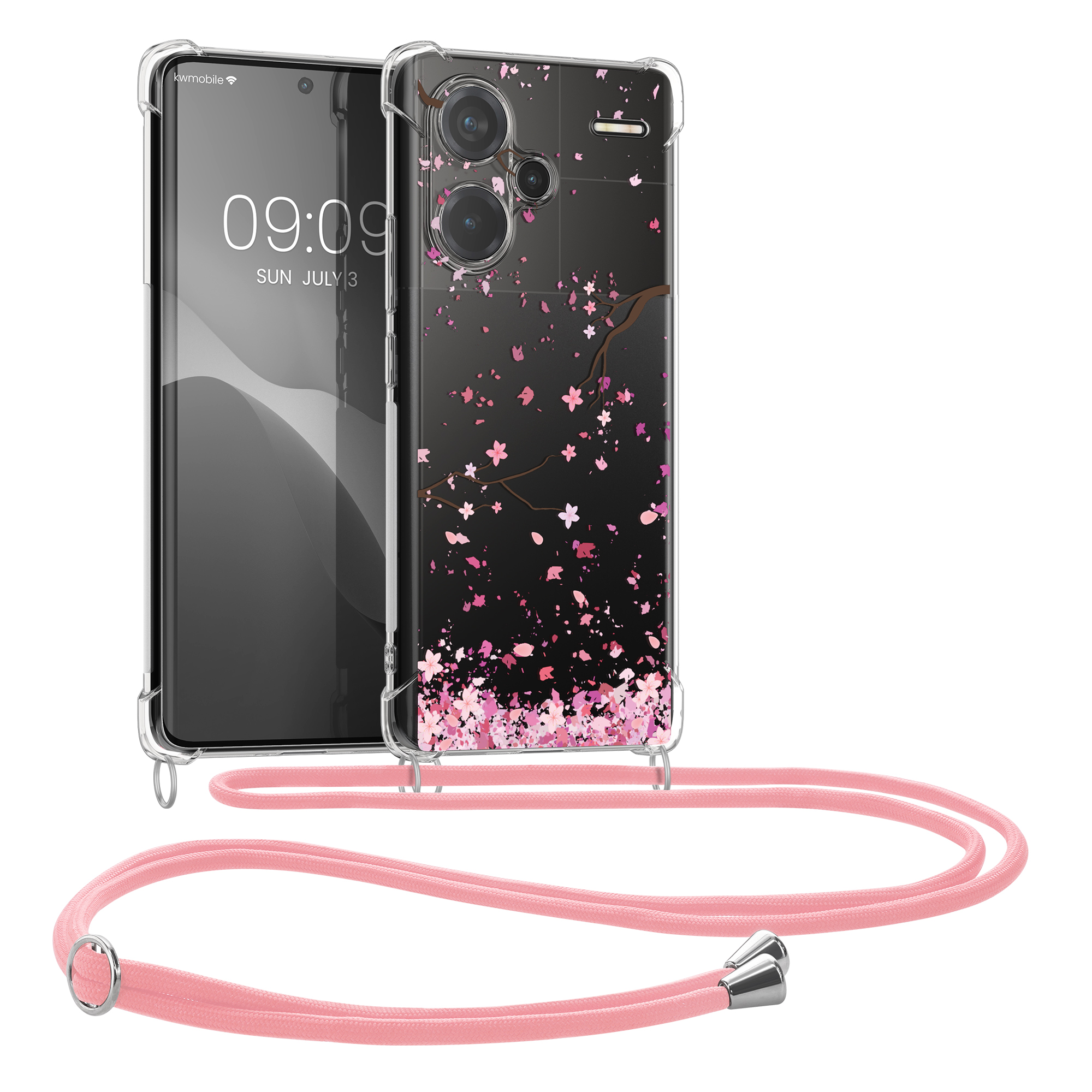 Kryt Xiaomi Redmi Note 13 Pro+ 5G crossbody popruh třešňové květy - růžová/tmavě hnědá kwmobile