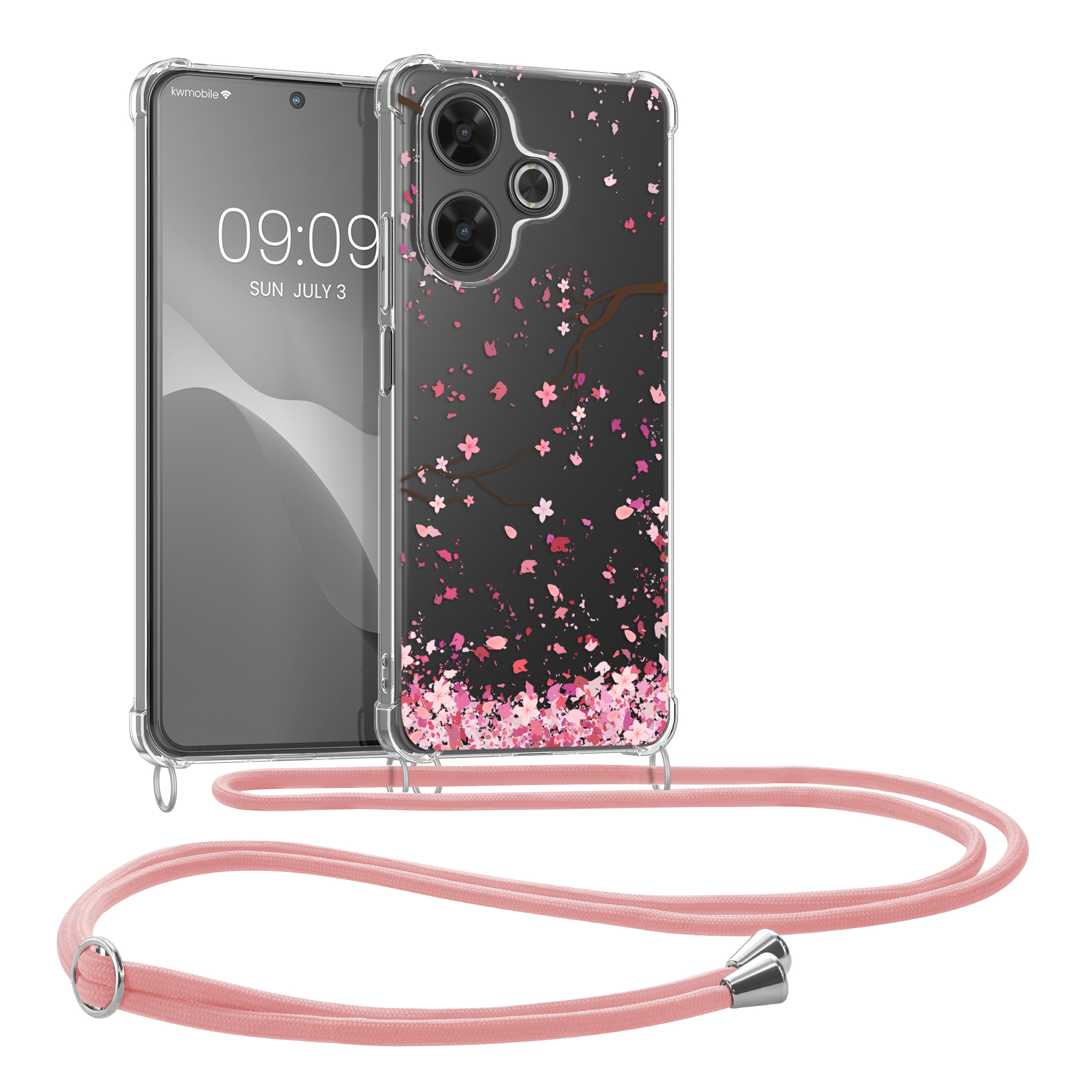 Kryt Xiaomi Redmi 13 crossbody popruh třešňové květy - růžová/tmavě hnědá kwmobile