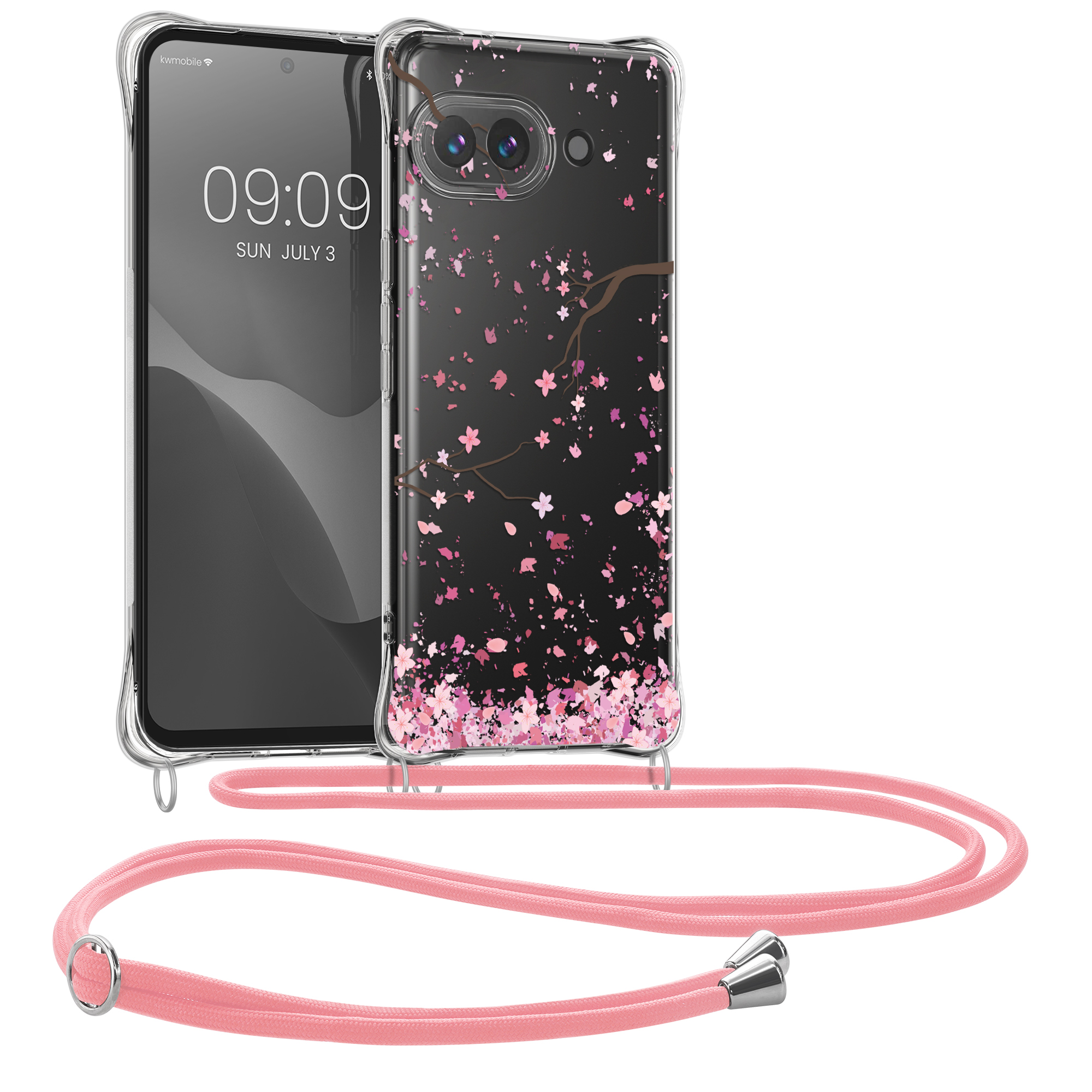 Crossbody kryt kwmobile pro Google Pixel 9a - růžové květy / tmavě hnědá / transparentní