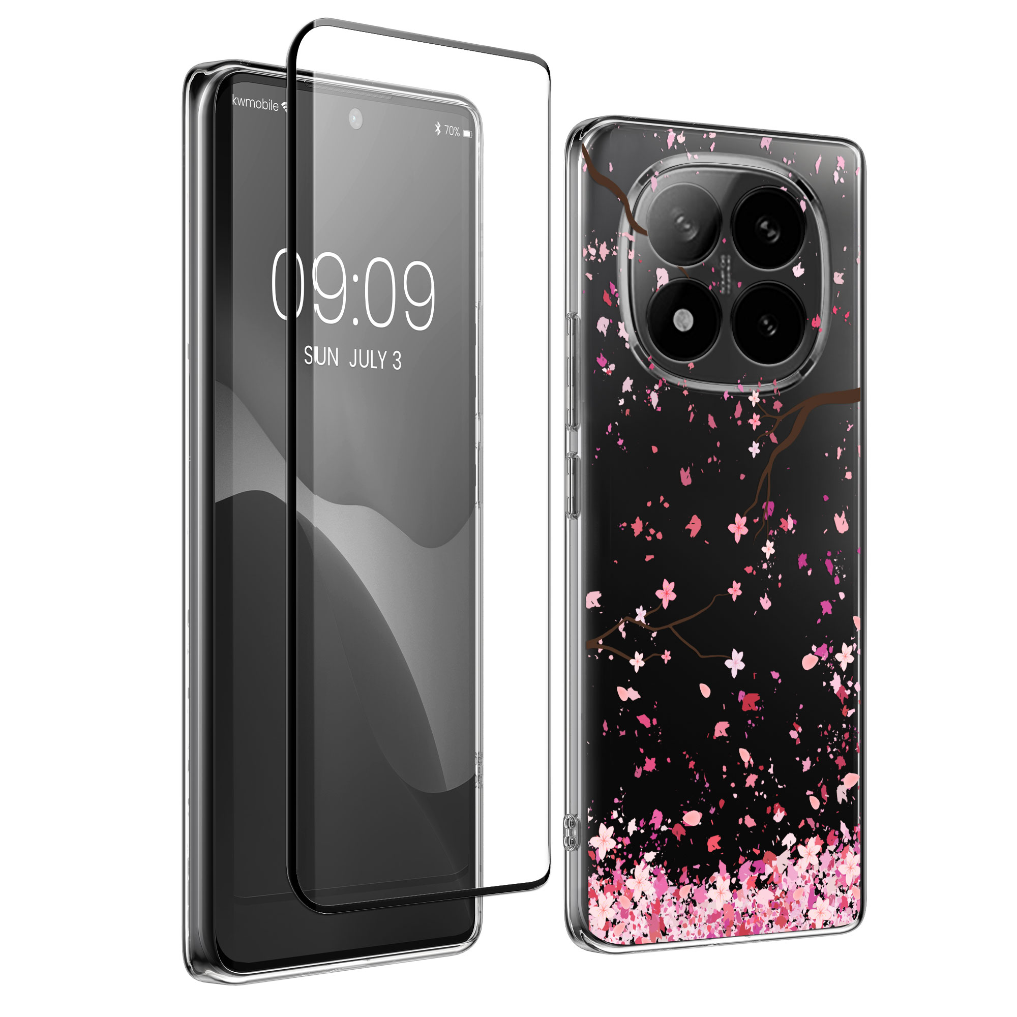 Čiré pouzdro s ochranným sklem pro Xiaomi Redmi Note 14 Pro+ 5G / Redmi Note 14 Pro Plus 5G kwmobile - růžová (třešňové květy) / tmavě hnědá / transparentní