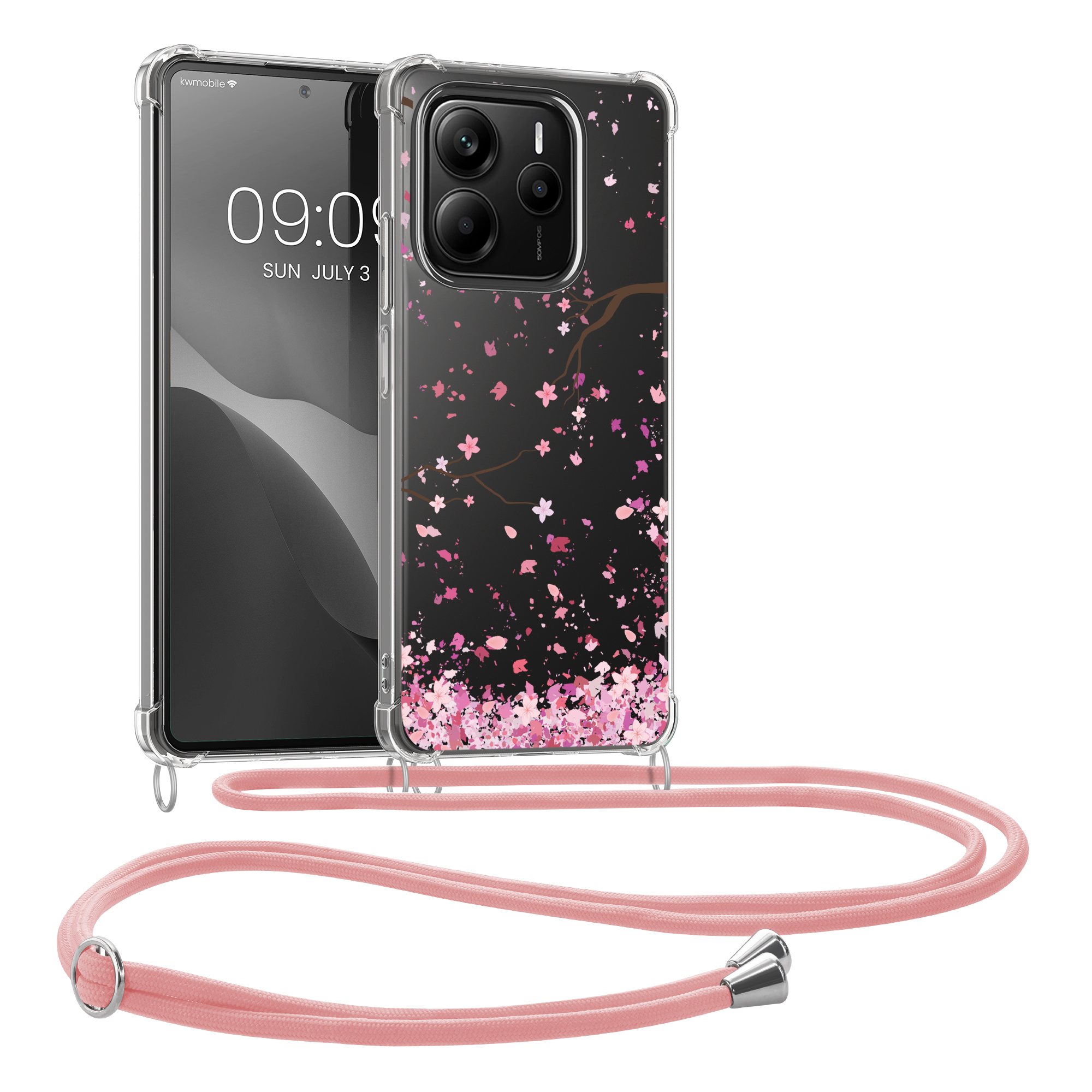 Kryt Xiaomi Redmi Note 14 5G (Not for 4G) crossbody popruh třešňové květy - růžová/tmavě hnědá kwmobile