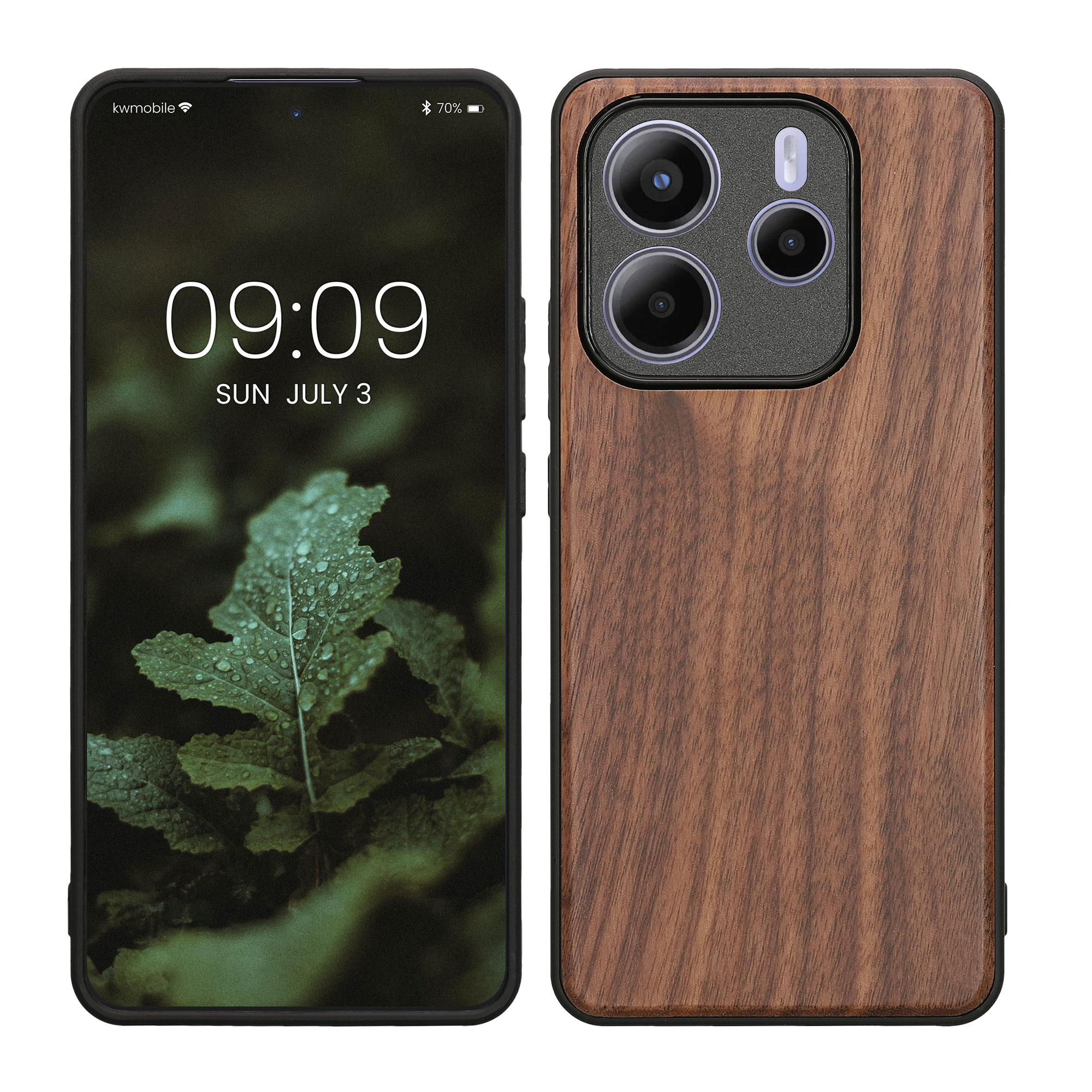 Dřevěné pouzdro pro Xiaomi Redmi Note 14 5G (není pro verzi 4G) kwmobile - tvrdý obal v tmavě hnědé barvě