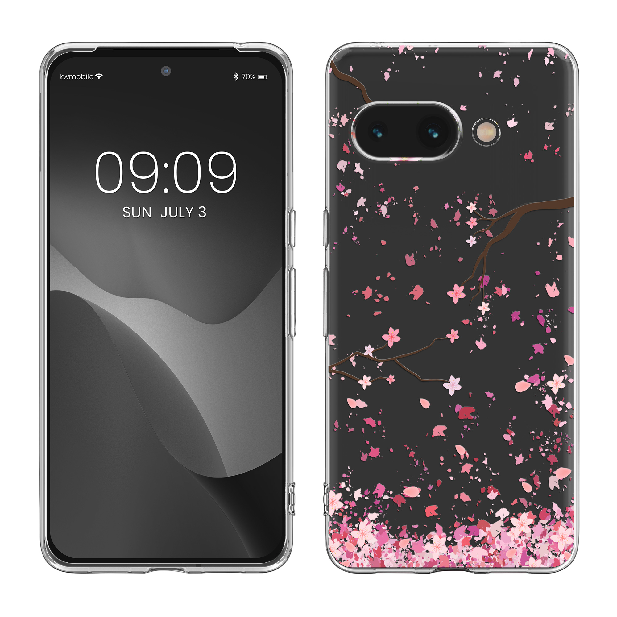 Čiré pouzdro pro Google Pixel 9a kwmobile TPU - růžová (třešňové květy) / tmavě hnědá / transparentní