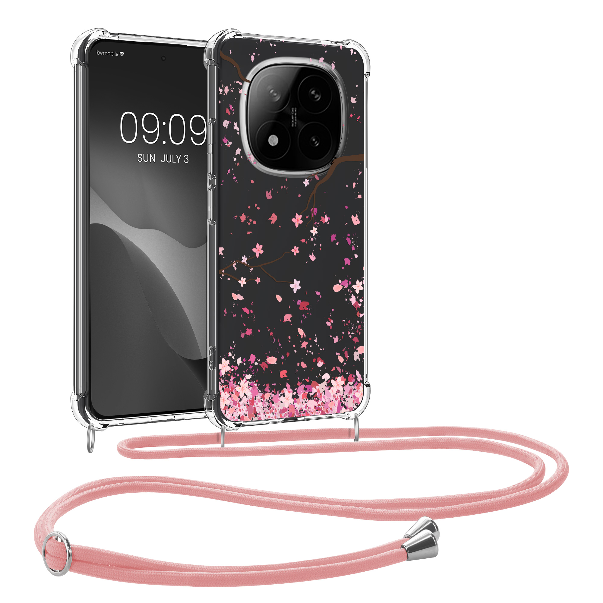 Kryt Xiaomi Redmi Note 14 Pro 4G crossbody popruh třešňové květy - růžová/tmavě hnědá kwmobile