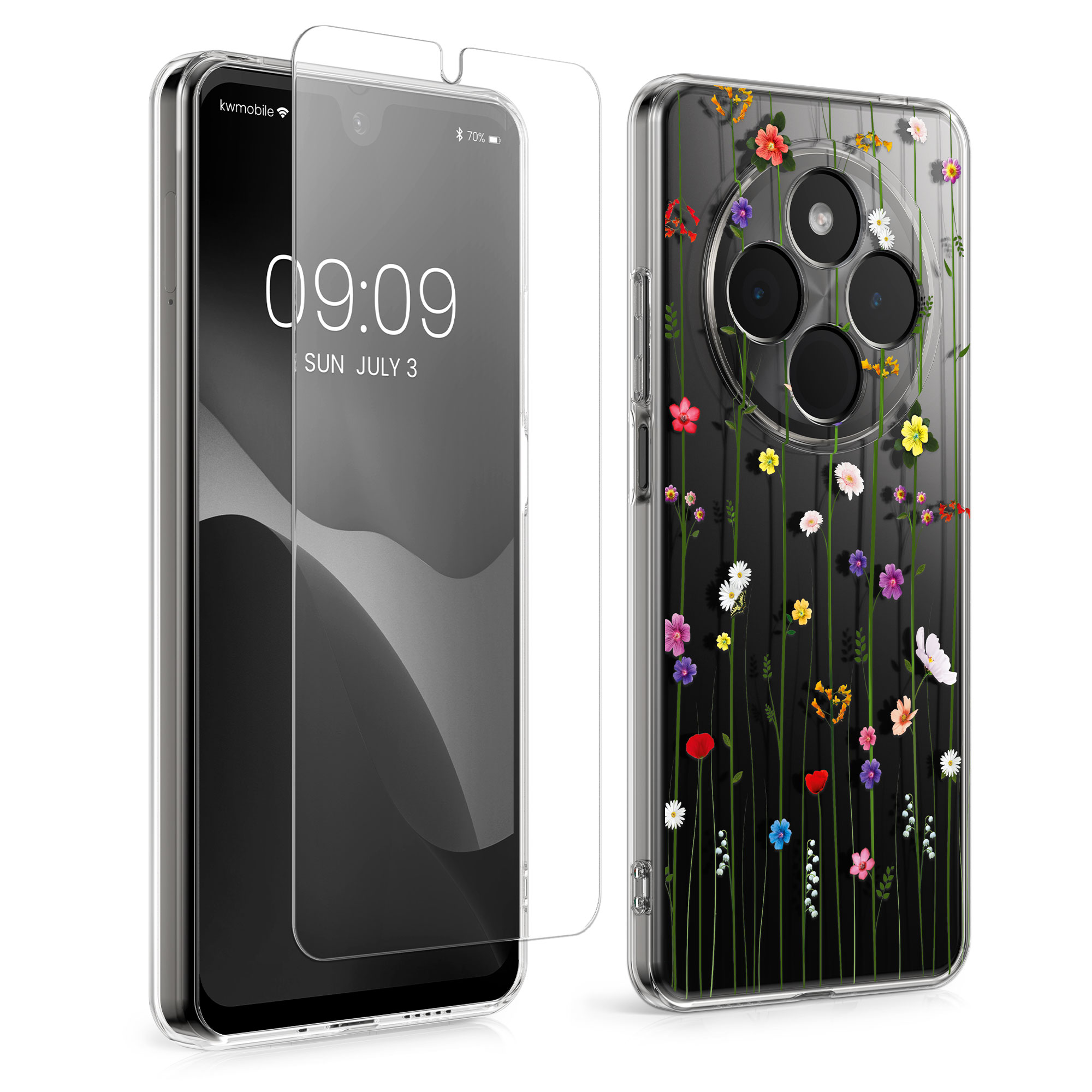 Čirý TPU kryt pro Xiaomi Redmi 14C / Poco C75 + ochranné sklo kwmobile ‑ luční kvítí, vícebarevná / čirá