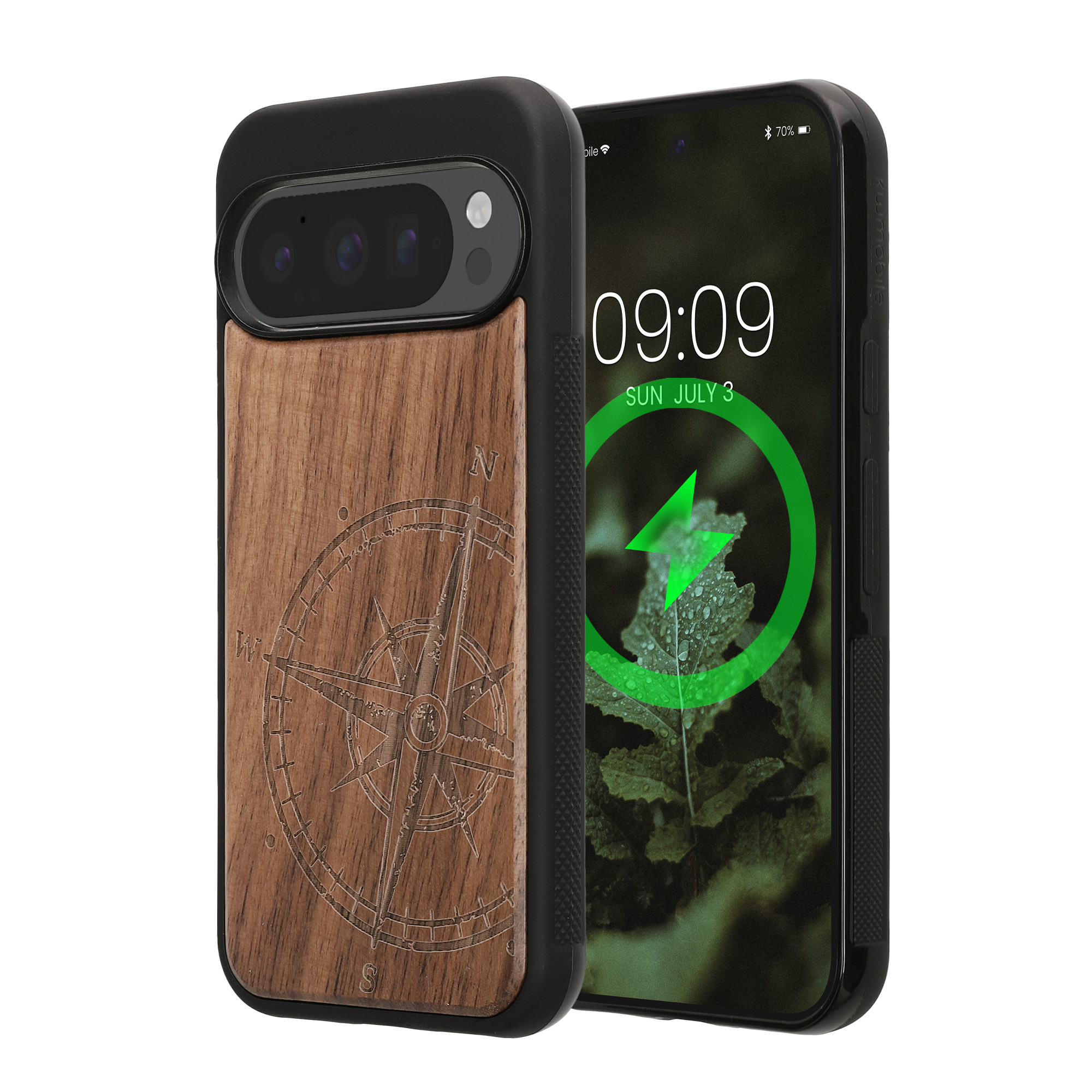 Ochranné pouzdro z pravého dřeva pro Google Pixel 10 / Pixel 10 Pro kwmobile dřevěné - motiv dřevěný kompas