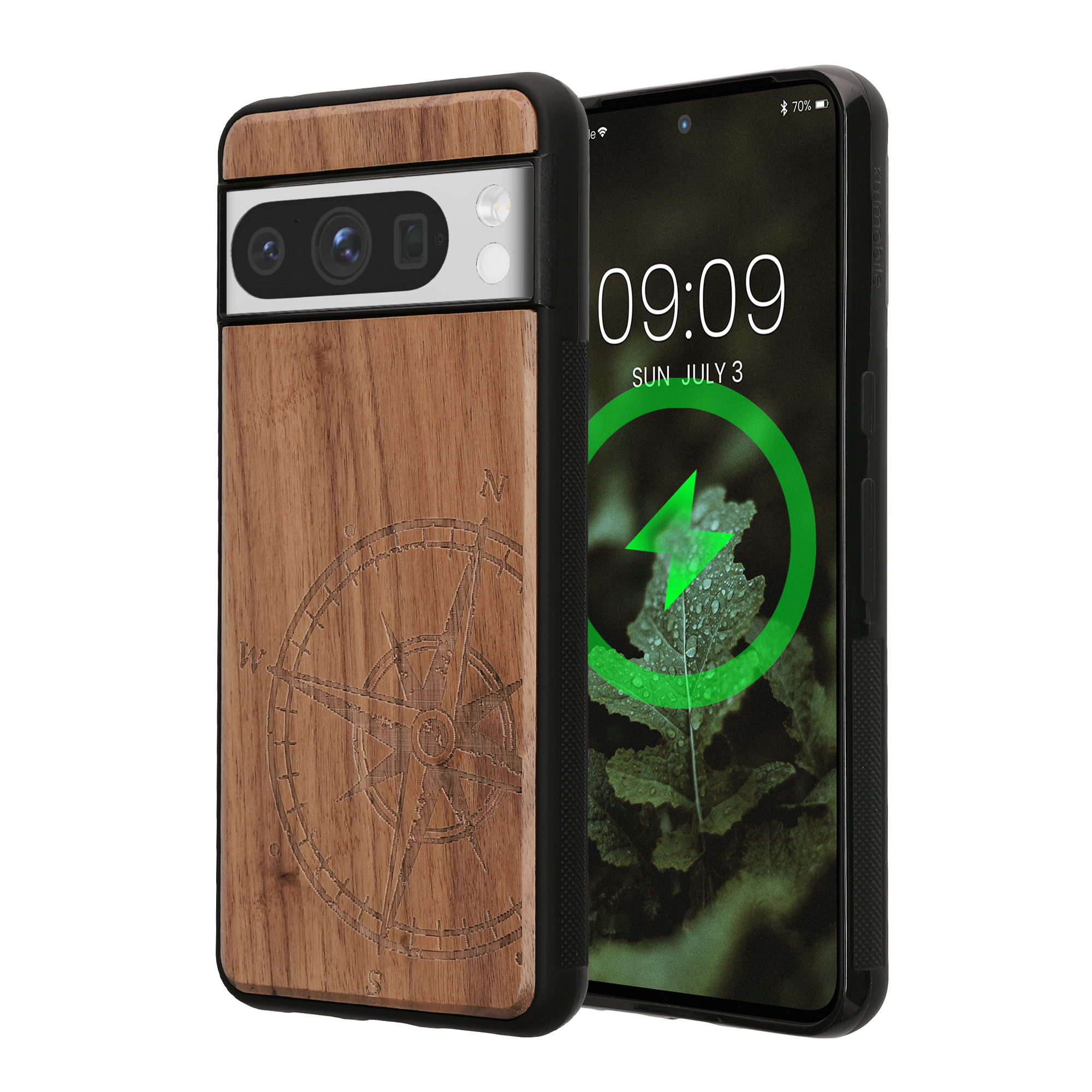 Ochranné pouzdro z pravého dřeva pro Google Pixel 8 Pro kwmobile dřevěné - motiv dřevěný kompas