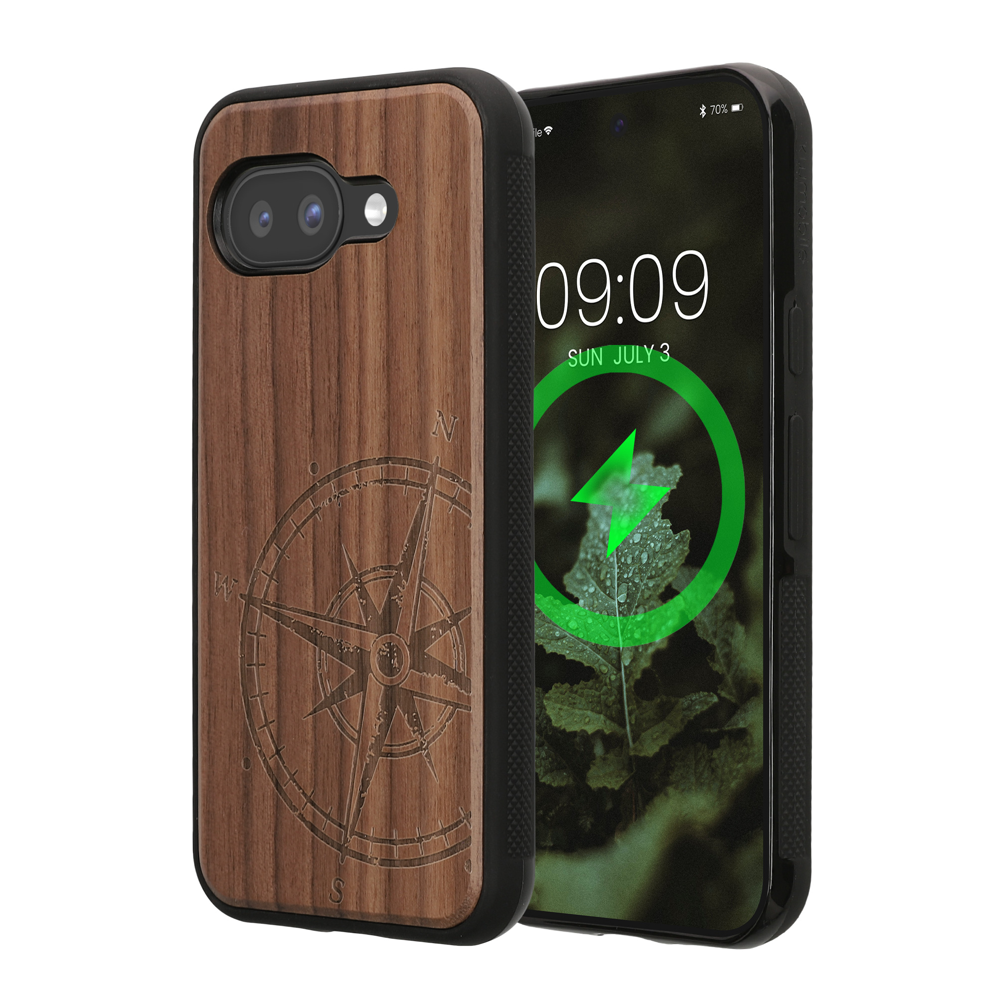 Ochranné pouzdro z pravého dřeva pro Google Pixel 9a kwmobile dřevěné - motiv dřevěný kompas