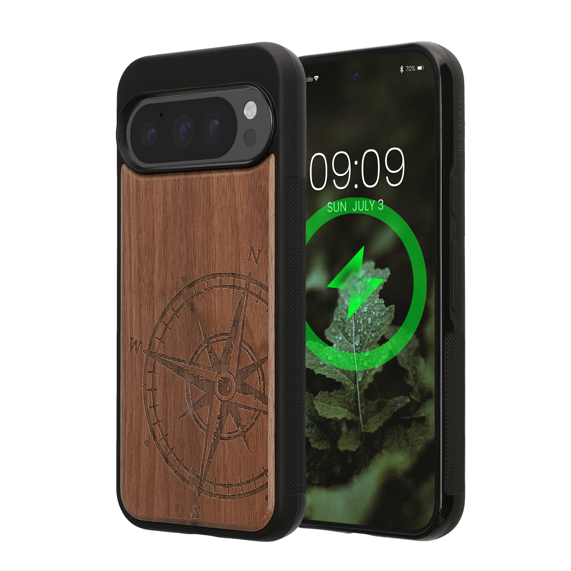 Ochranné pouzdro z pravého dřeva pro Google Pixel 9 / Pixel 9 Pro kwmobile dřevěné - motiv dřevěný kompas