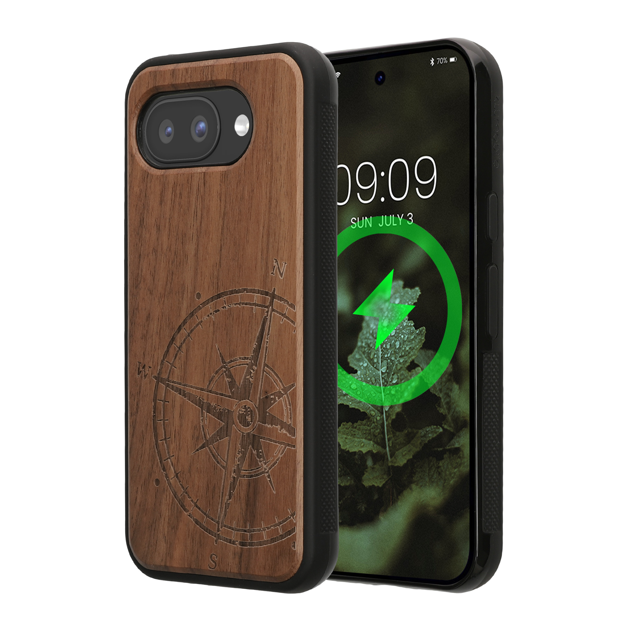 Ochranné pouzdro z pravého dřeva pro Google Pixel 10a kwmobile dřevěné - motiv dřevěný kompas