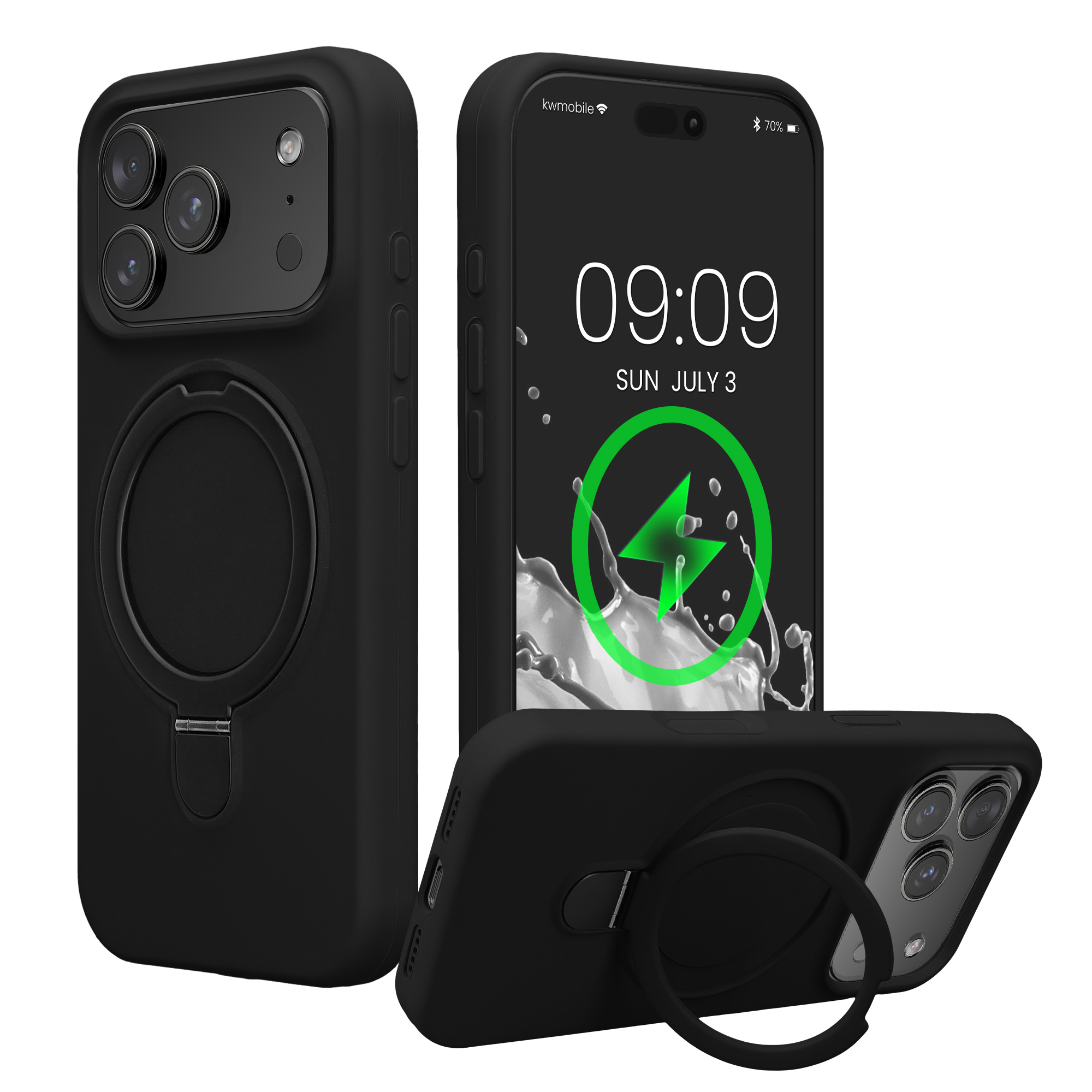 Silikonové pouzdro s kroužkovým stojánkem pro Apple iPhone 18 Pro / iPhone 17 Pro MagSafe, podšívka z mikrovlákna kwmobile ‑ černá