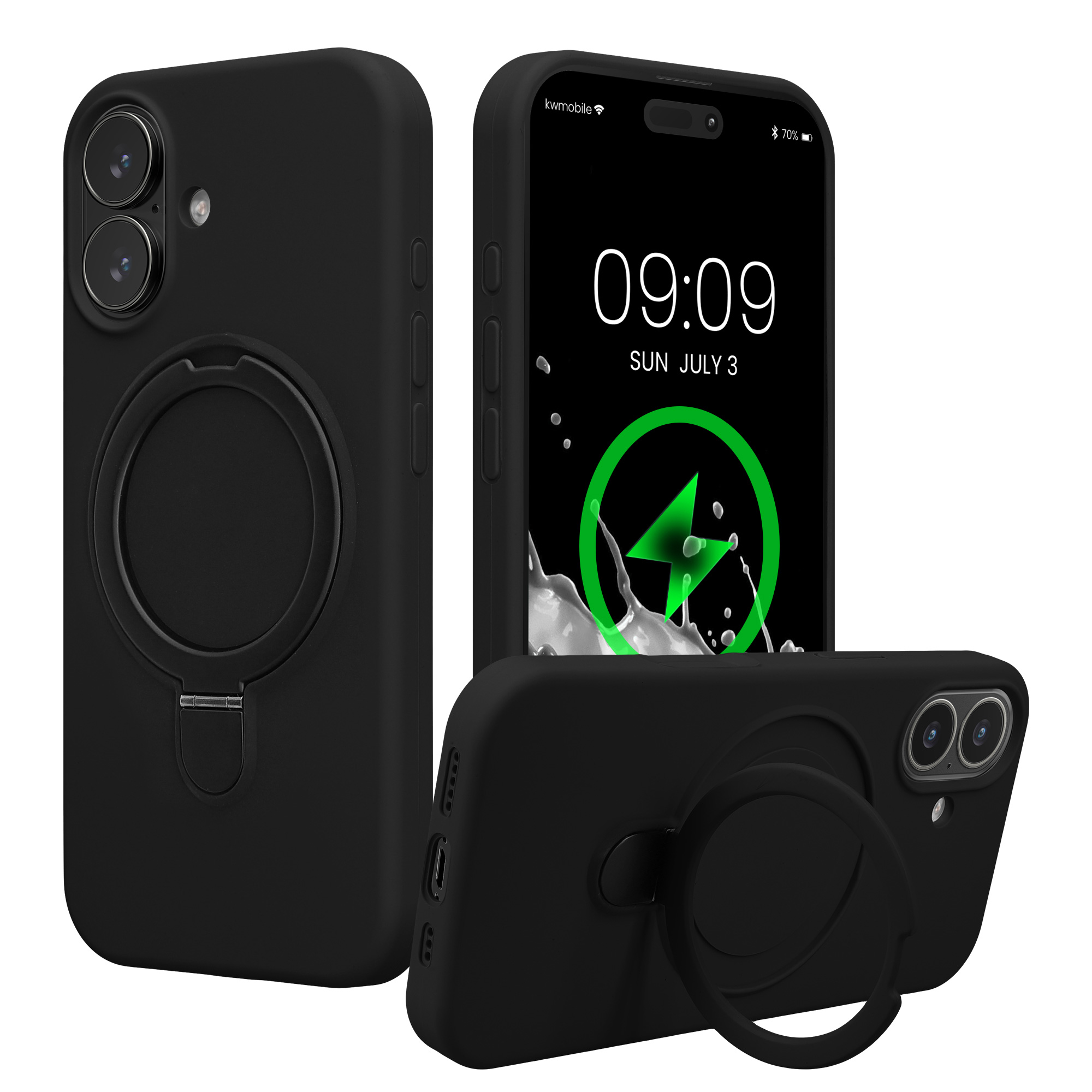Pouzdro s kroužkovým stojánkem pro Apple iPhone 16 kwmobile MagSafe se stojánkem silikonové - černá