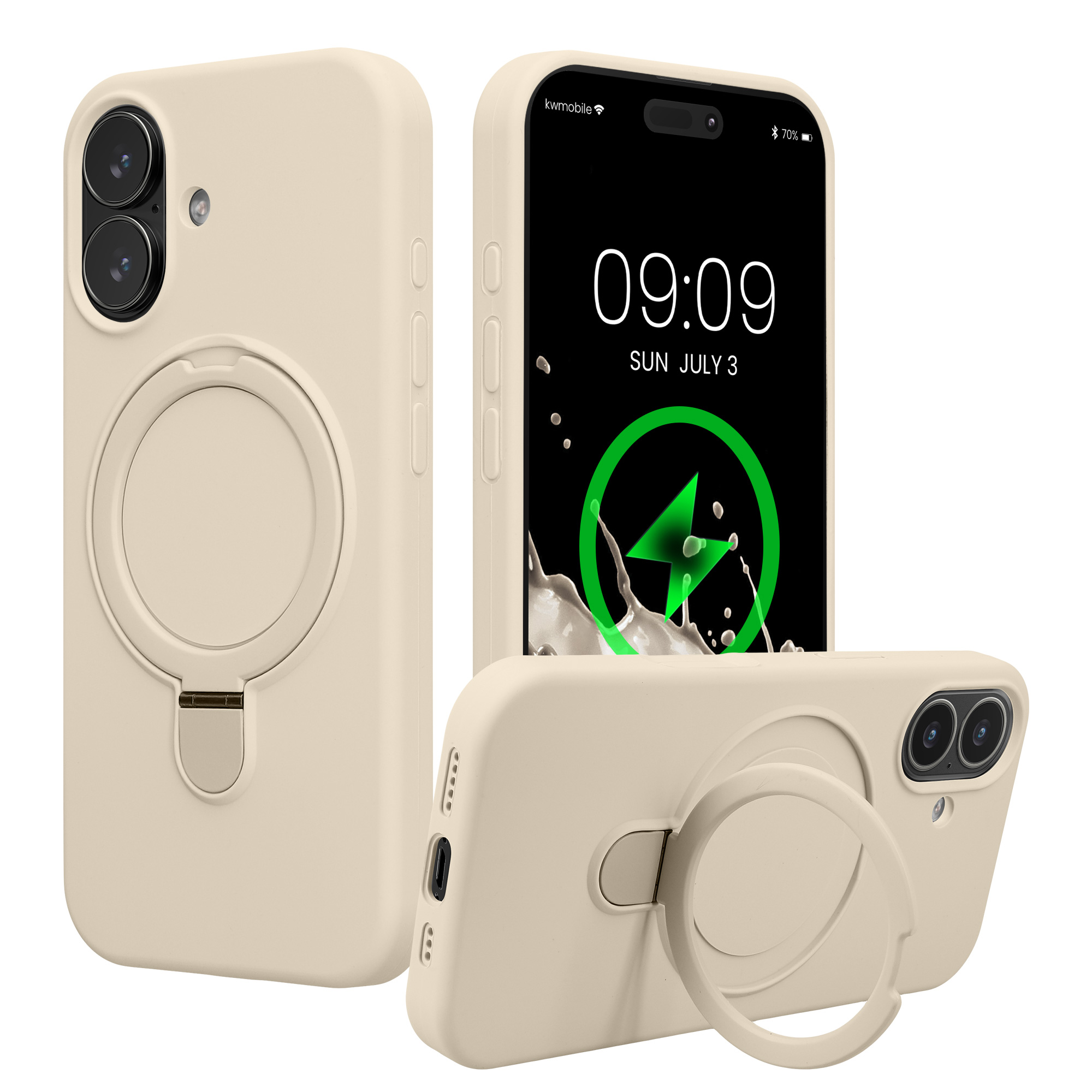 Pouzdro s kroužkovým stojánkem pro Apple iPhone 16 kwmobile MagSafe se stojánkem silikonové - krémová