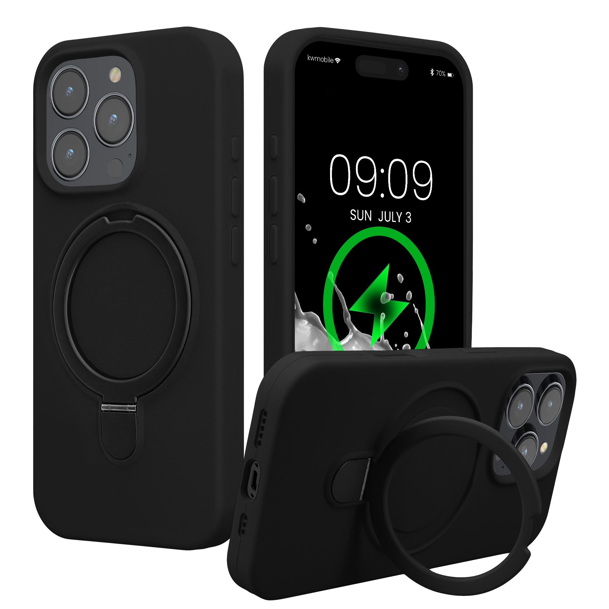 Pouzdro s kroužkovým stojánkem pro Apple iPhone 16 Pro kwmobile MagSafe se stojánkem silikonové - černá