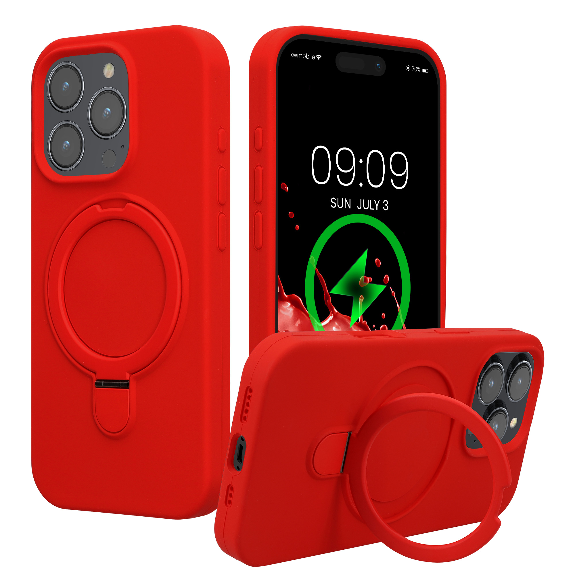 Pouzdro s kroužkovým stojánkem pro Apple iPhone 16 Pro kwmobile MagSafe se stojánkem silikonové - červená