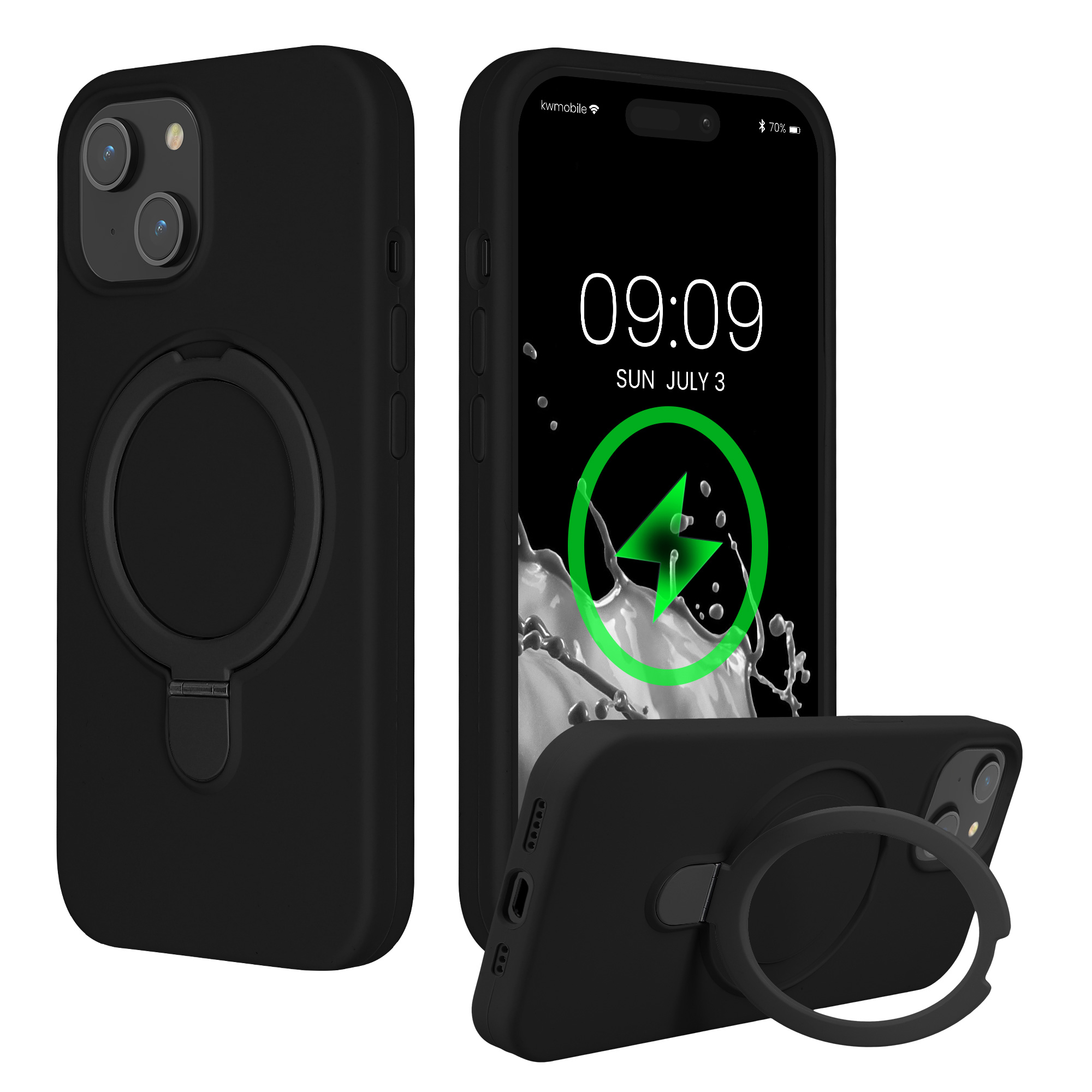 Pouzdro s kroužkovým stojánkem pro Apple iPhone 15 kwmobile MagSafe se stojánkem silikonové - černá