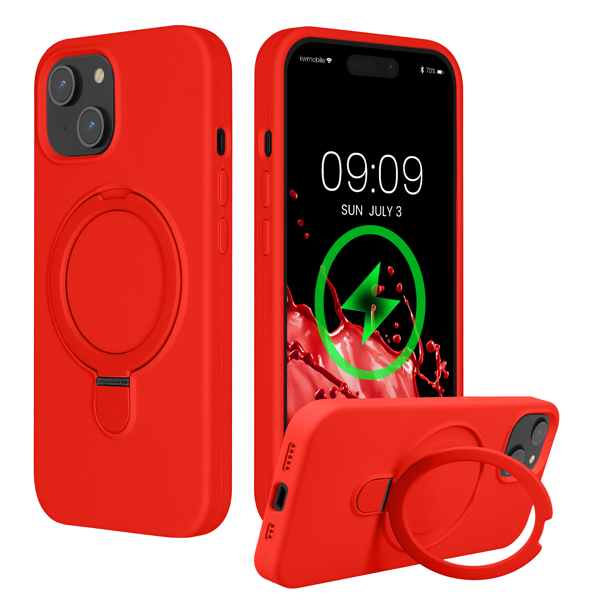 Pouzdro s kroužkovým stojánkem pro Apple iPhone 15 kwmobile MagSafe se stojánkem silikonové - červená
