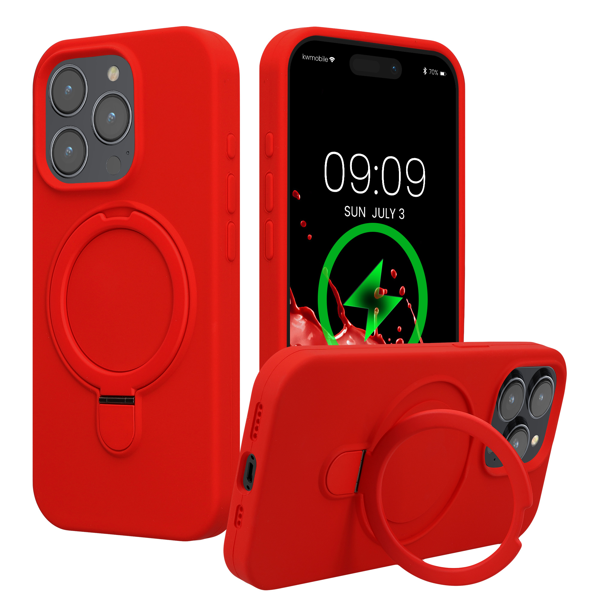 Pouzdro s kroužkovým stojánkem pro Apple iPhone 15 Pro kwmobile MagSafe se stojánkem silikonové - červená