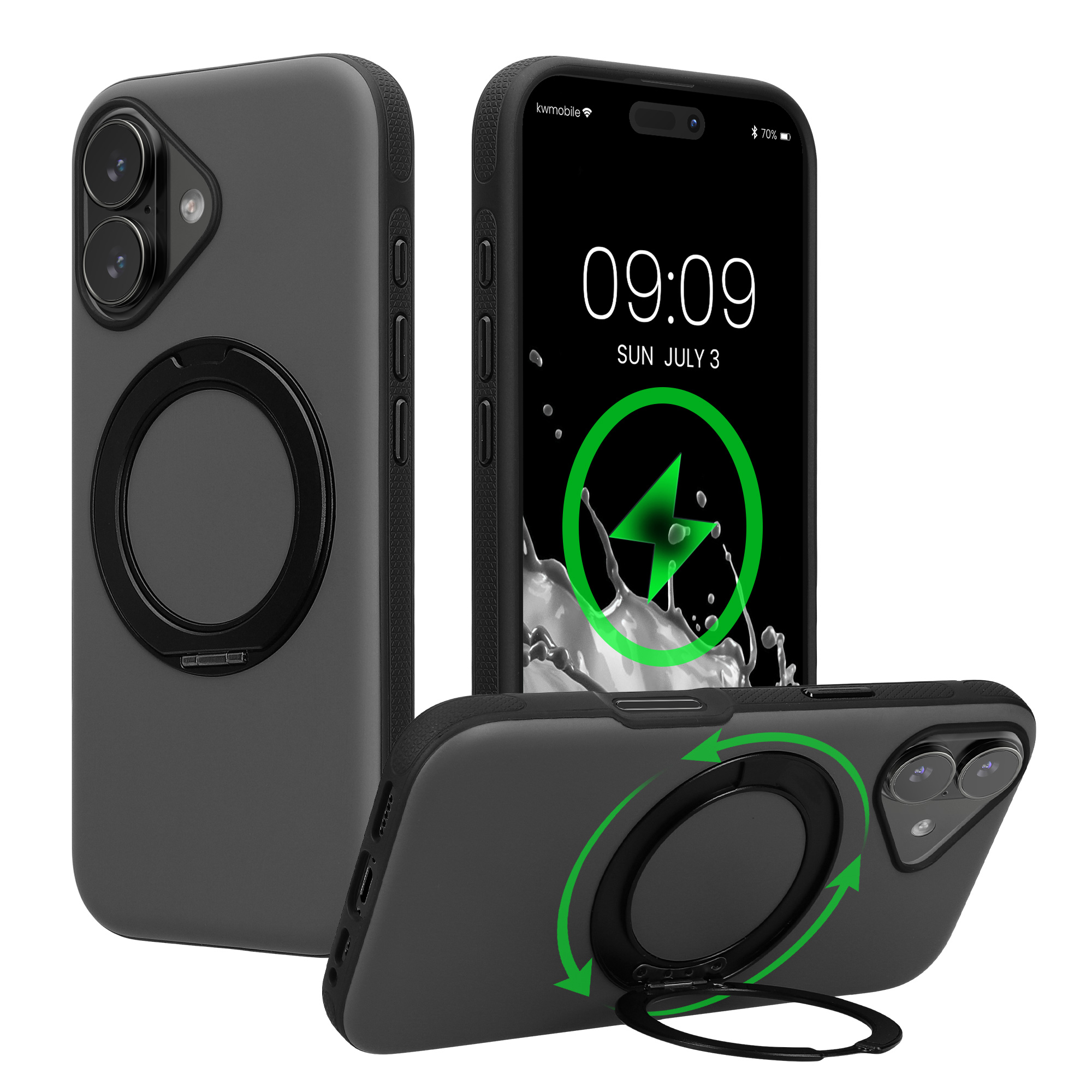 Obal s otočným kroužkovým stojánkem 360° pro Apple iPhone 16 kwmobile MagSafe se stojánkem kovové - černá