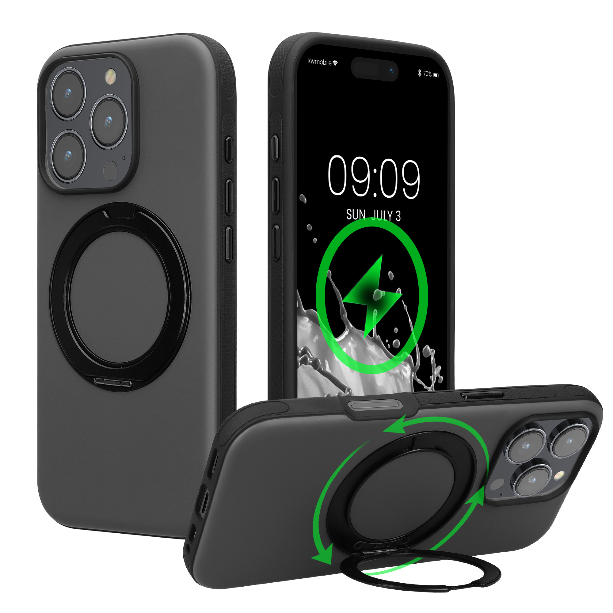 Obal s otočným kroužkovým stojánkem 360° pro Apple iPhone 16 Pro kwmobile MagSafe se stojánkem kovové - černá