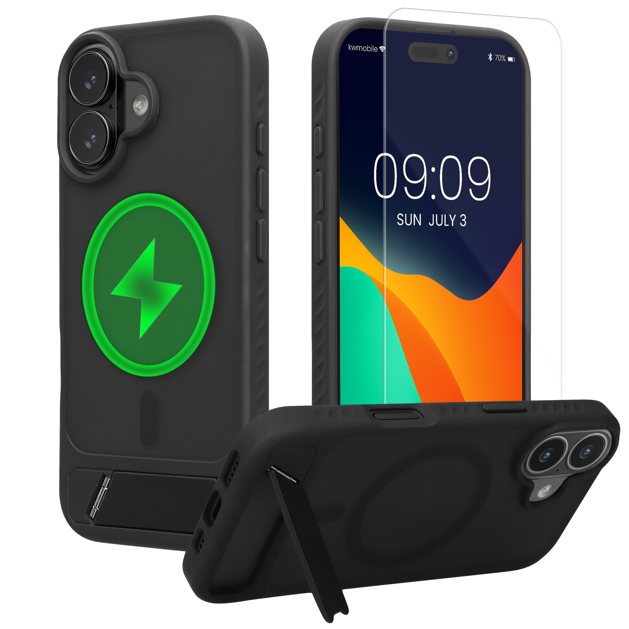 Pouzdro pro Apple iPhone 17 kwmobile MagSafe se stojánkem tenké - černá / matný transparentní