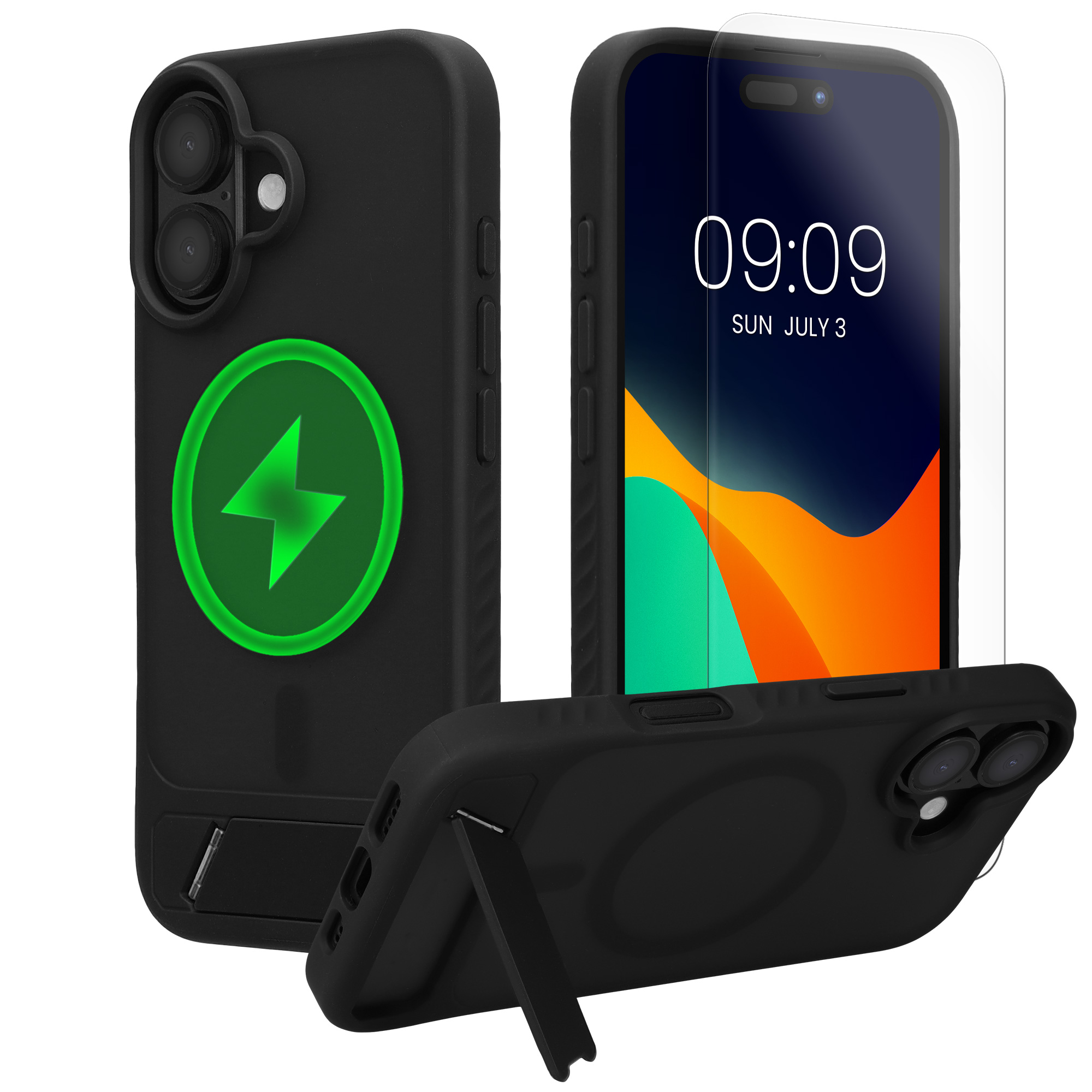 Pouzdro pro Apple iPhone 16 kwmobile MagSafe se stojánkem tenké - černá / matný transparentní