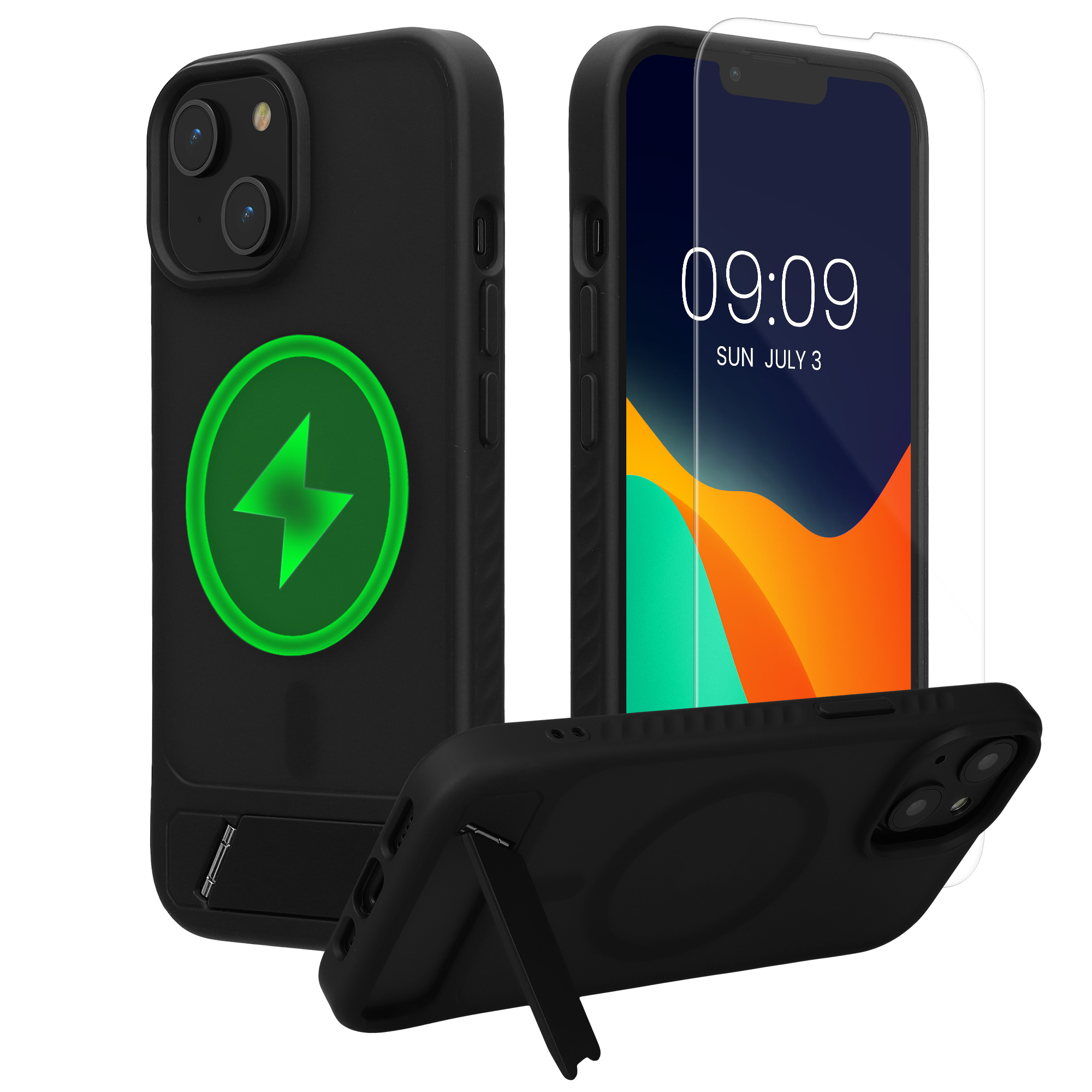 Pouzdro pro Apple iPhone 13 / iPhone 14 kwmobile MagSafe se stojánkem tenké - černá / matný transparentní
