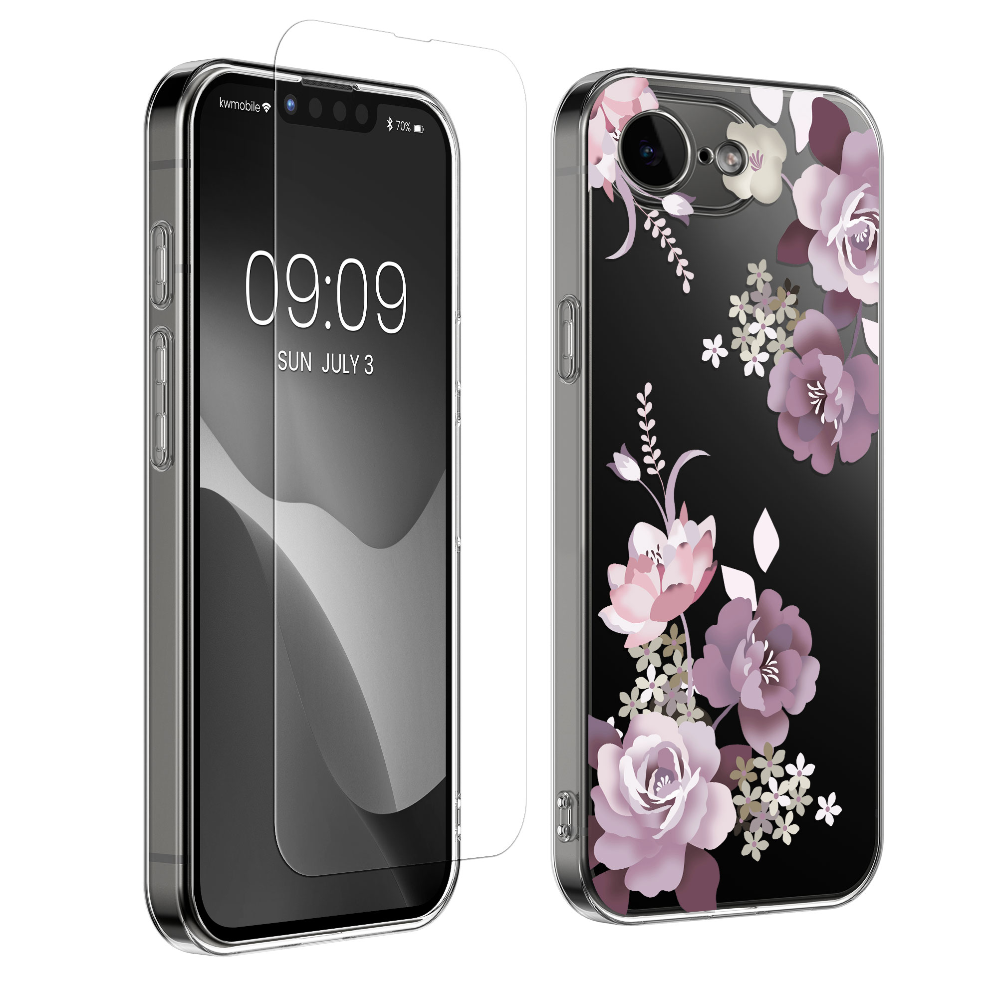 Čiré pouzdro s ochranným sklem pro Apple iPhone 17e / iPhone 16e kwmobile - motiv kytice pastelová fialová / transparentní