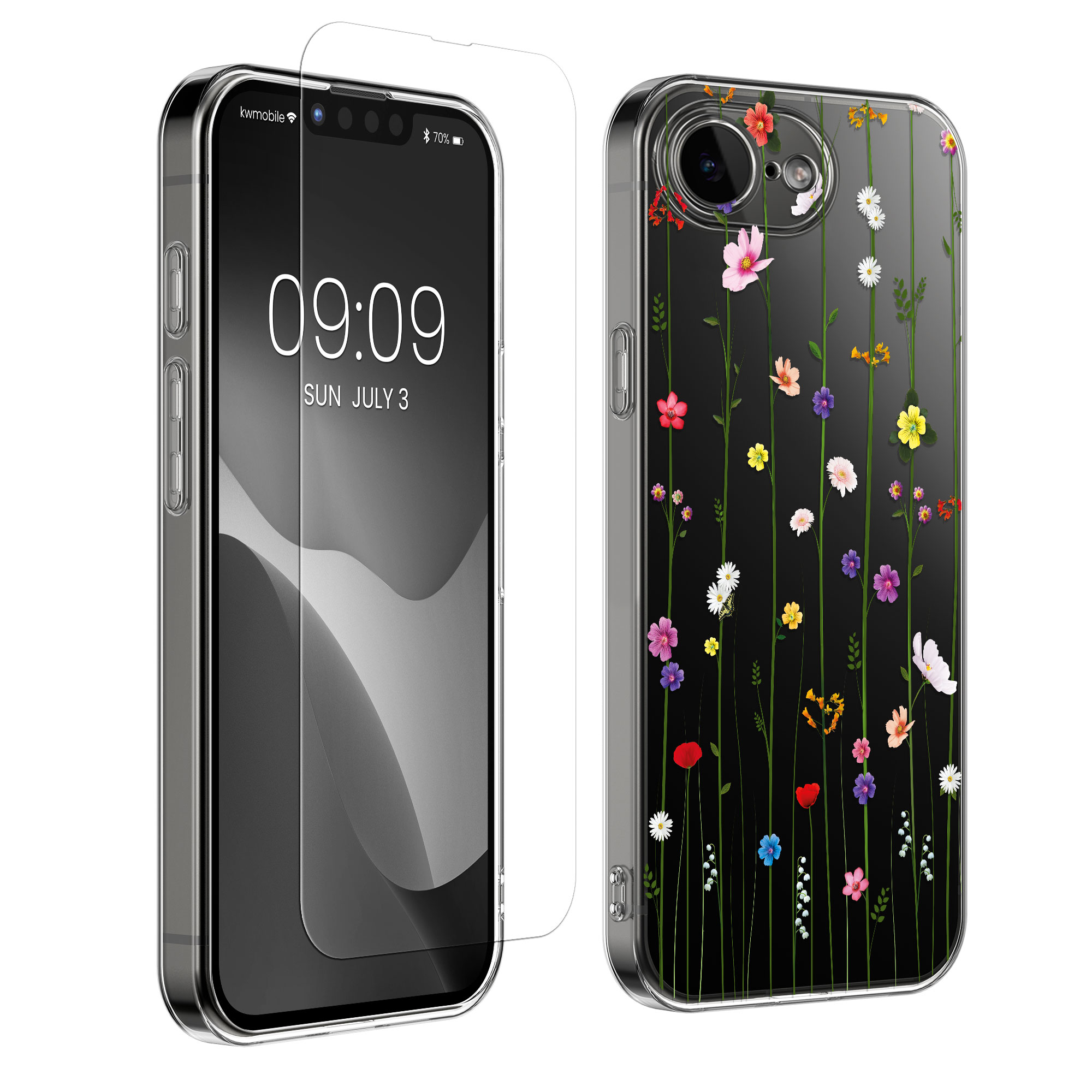 Čirý TPU kryt pro Apple iPhone 17e / iPhone 16e + ochranné sklo kwmobile ‑ luční kvítí, vícebarevná / čirá