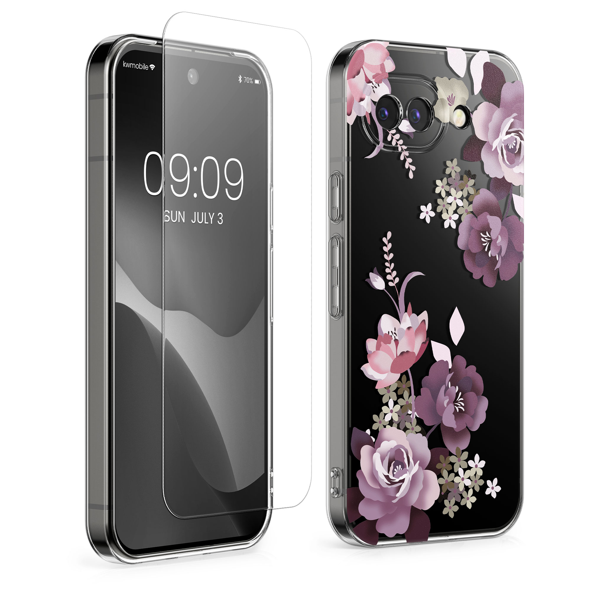 Čiré pouzdro s ochranným sklem pro Google Pixel 10a kwmobile - motiv kytice pastelová fialová / transparentní