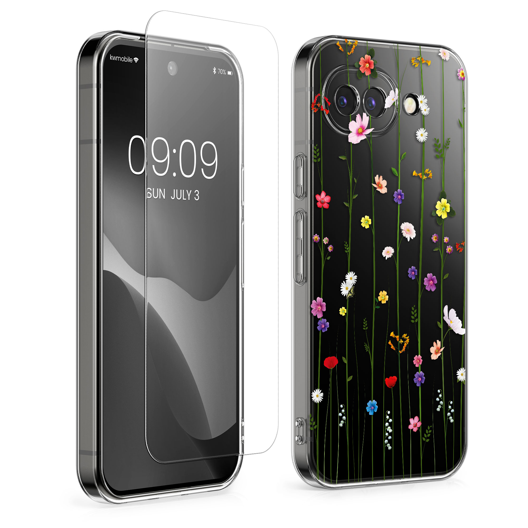 Čiré pouzdro s ochranným sklem pro Google Pixel 10a kwmobile - motiv popínavé polní květiny více barev / transparentní