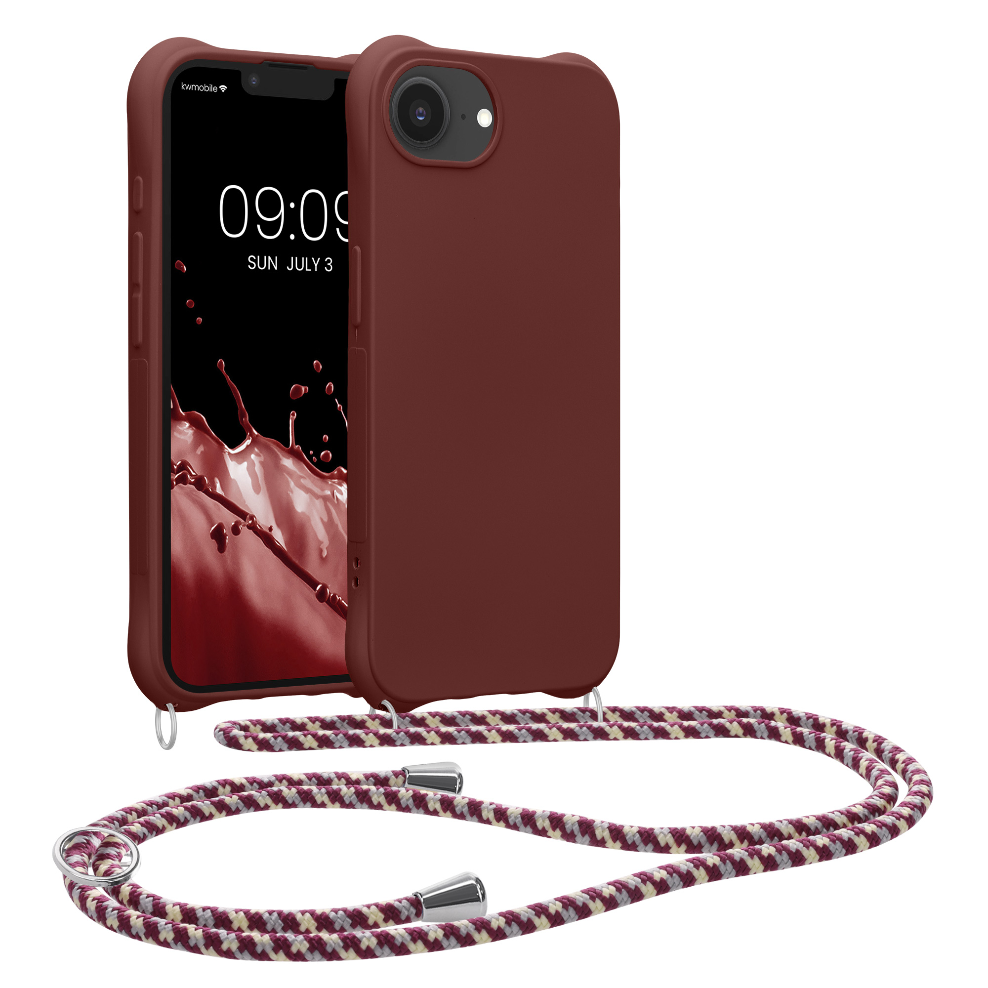 Matné TPU silikonové pouzdro s popruhem pro Apple iPhone 17e / iPhone 16e, uchycení ve 2 bodech kwmobile ‑ vínově fialová