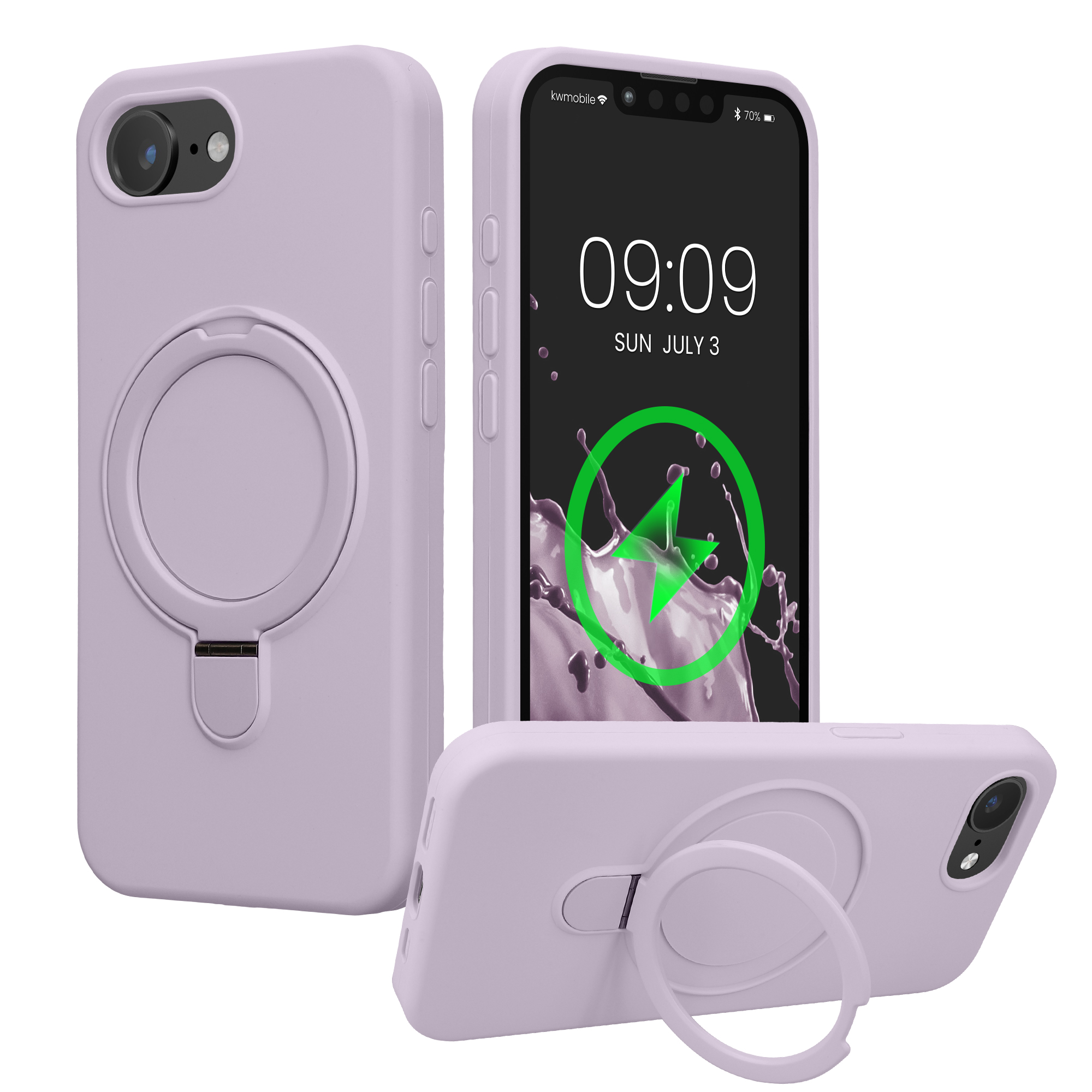 Silikonové pouzdro s kroužkovým stojánkem pro Apple iPhone 17e / iPhone 16e MagSafe, podšívka z mikrovlákna kwmobile ‑ levandulová
